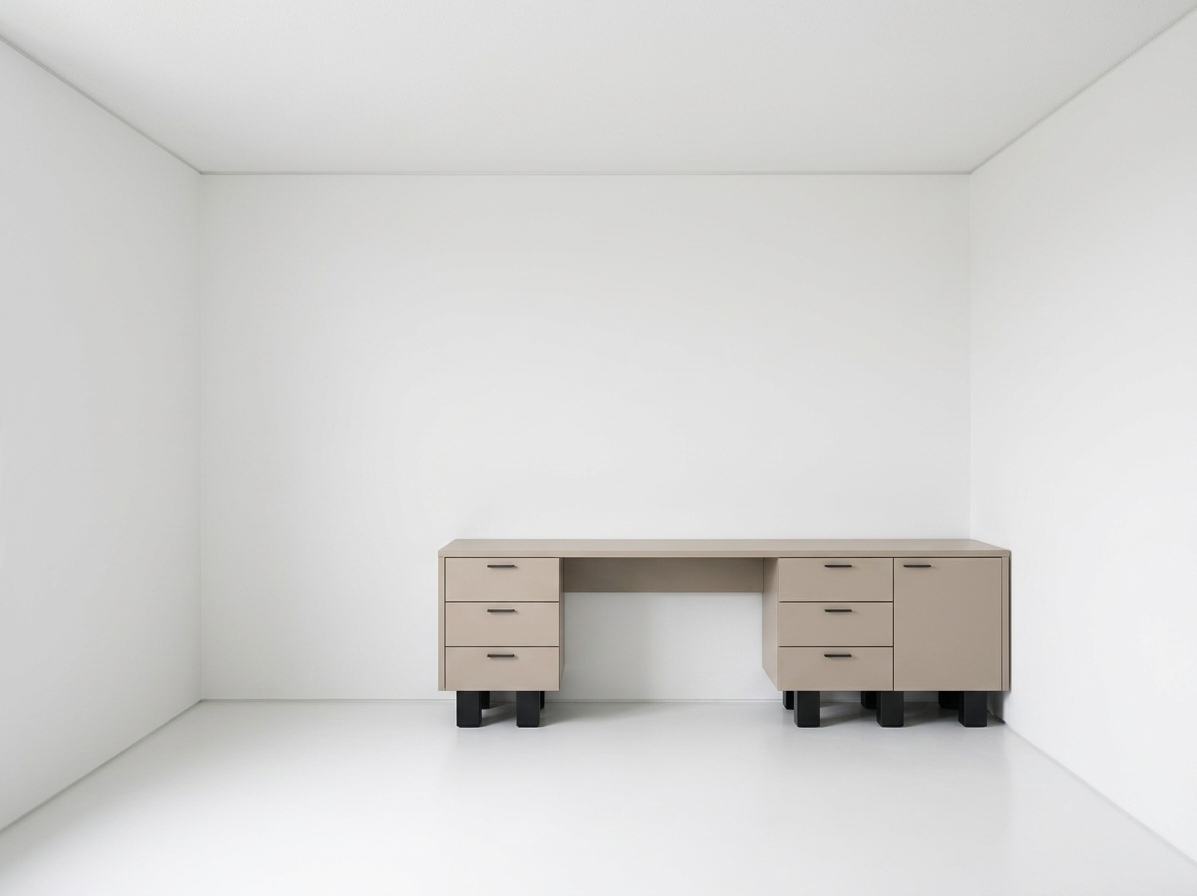 An incredibly lifelike, richly detailed, photorealistic straight-on interior photo of a quiet study room set in a minimalist haven. The scene is illuminated by soft, ambient white daylight that diffuses evenly across the space, creating a calm, serene atmosphere. Captured with a 35mm architectural lens, emphasizing the matte beige laminate surface of the desk, subtle metallic reflections on its dark legs, and pristine white surrounding surfaces. Positioned neatly against the back wall, the spacious beige executive desk anchors the uncluttered room with functional elegance. The desk features two integrated storage pedestals outfitted with smooth-sliding drawers and minimalist dark metal handles, all supported by sturdy, block-style black metallic legs that elevate the structure slightly off the bright, seamless floor to highlight its clean modern geometry.