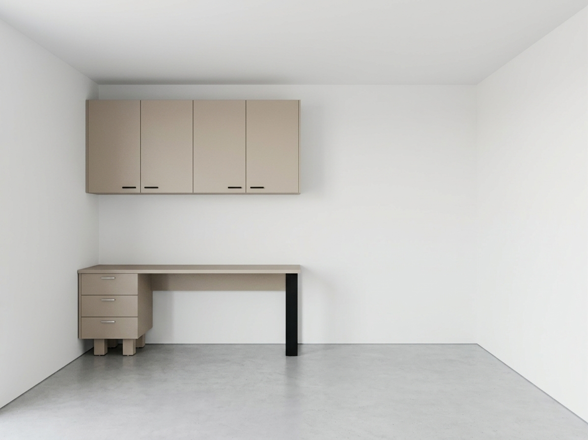 An incredibly lifelike, richly detailed, photorealistic wide shot of a modern study room set in a serene minimalist haven interior photo. The scene is illuminated by soft, diffused daylight bouncing evenly across the pristine white surfaces, creating a calm, focused, and airy atmosphere. Captured with a 35mm architectural lens, emphasizing the subtle matte texture of the furniture and the sharp geometric contrast of the hardware. The space centers on a stylish escritorio beige con patas metálicas, featuring a long work surface anchored on one end by a three-drawer storage pedestal and supported on the other by bold black metallic legs. Directly above, a matching set of wall-mounted beige upper cabinets floats seamlessly against the white wall, equipped with slim black horizontal handles that tie the dark accents together for a clean, perfectly balanced, and clutter-free aesthetic.