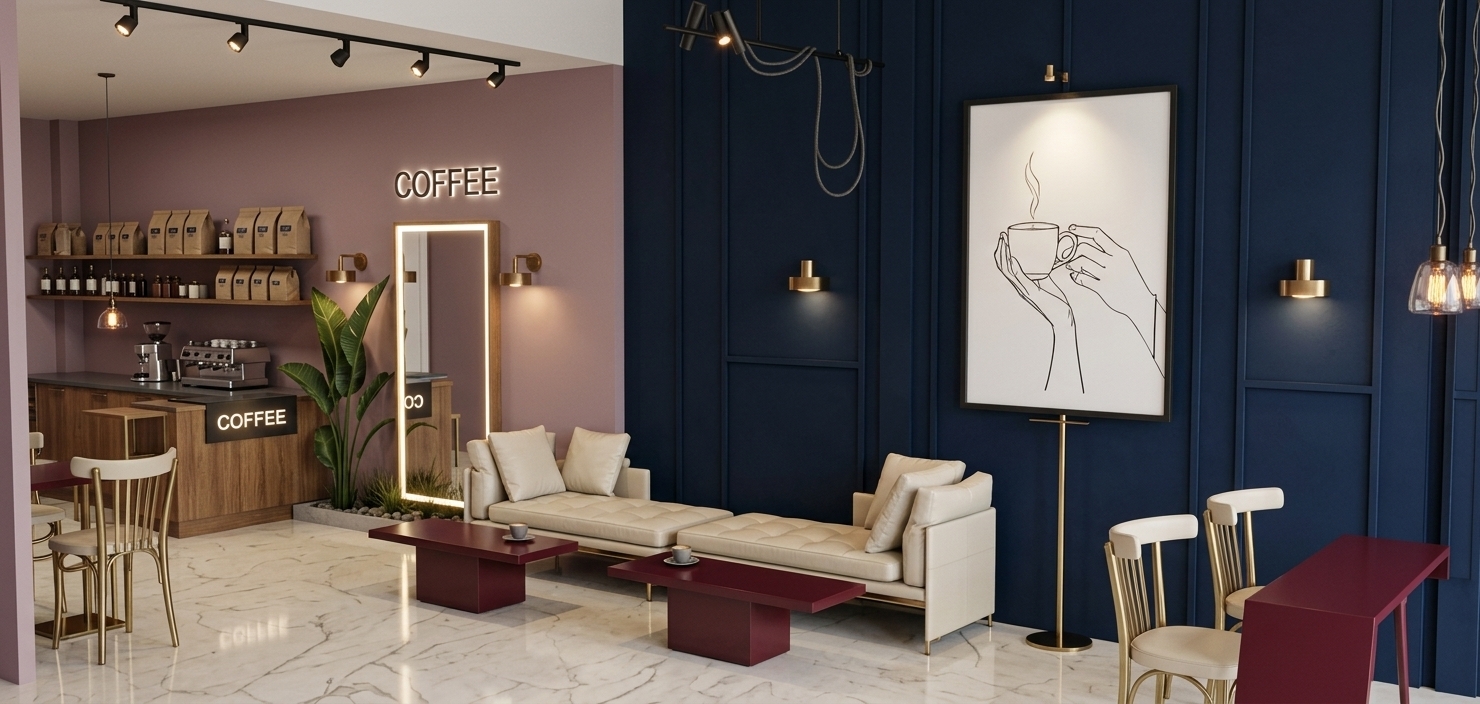An incredibly lifelike, richly detailed, photorealistic wide-angle interior shot of a chic mid-century modern coffee shop set in a sophisticated urban environment. The scene is illuminated by soft midday spring light filtering gently through unseen front windows, harmoniously blended with warm directional sconces, overhead track lighting, and glowing Edison bulb pendants that create a cozy, inviting, and high-end atmosphere. Captured with a professional 35mm lens, emphasizing the stunning visual contrast between the deep midnight-navy paneled accent wall and the soft, warm mauve walls, the polished gloss of light cream marble floor tiles with delicate veining, and the rich textures of plush off-white leather upholstery. To the right, two sleek, modern cream leather chaise lounge sofas with plump cushions sit effortlessly alongside minimalist burgundy coffee tables, set beneath a minimalist framed line-art drawing illuminated by a focused spotlight. The left zone features a pristine coffee service counter equipped with a stainless-steel espresso machine, neatly displayed coffee bean bags on wooden shelves, a lush leafy indoor palm plant, and an elegant illuminated mirror. In the foreground, modern off-white bistro chairs paired with slim burgundy bar tables complete the balanced composition, with precise reflections, subtle depth of field, and rich post-production lighting bringing every material texture to life.