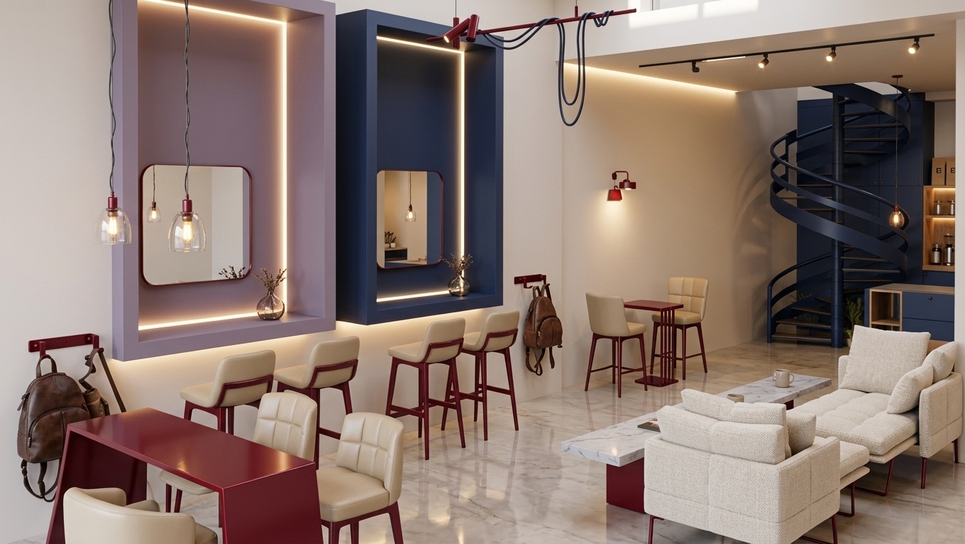 An incredibly lifelike, richly detailed, photorealistic wide-angle interior shot of a sophisticated modern fusion coffee shop set in a vibrant urban environment on a bright spring midday. The scene is illuminated by warm, integrated LED strip lights, glowing recessed niches, and gentle diffused natural light filtering from above, creating an inviting, atmospheric, and cozy mood. Captured with a full-frame architectural camera and a 24mm lens, emphasizing the glossy sheen of cherry red metal, soft grain of beige leather upholstery, and subtle reflections on the polished marble floors. The spatial layout retains its striking dual alcove feature walls rendered in dusty lavender and deep navy blue, framed by soft backlighting and suspended hand-blown glass pendant lights. Upgraded modern furniture elevates the space, including ergonomically sculpted cream-beige leather armchairs around sleek cherry red metal tables, and plush modular leather seating in the lounge area. In the background, a dramatic dark navy blue spiral staircase leads to an upper level adjacent to navy blue kitchen cabinetry, while cherry red metal wall hooks and high-top tables add cohesive jewel-tone accents throughout, resulting in a perfectly balanced, ultra-realistic architectural visual.