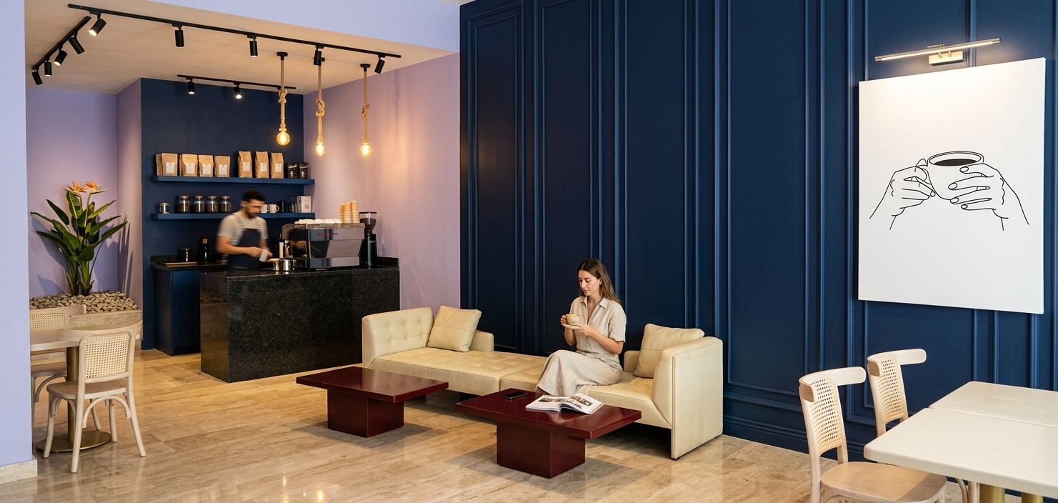 An incredibly lifelike, richly detailed, photorealistic wide-angle interior photograph of a modern fusion boutique coffee shop set in a vibrant urban center during a warm summer midday. The scene is illuminated by brilliant, diffused natural daylight entering from large exterior windows, seamlessly blended with warm, ambient golden glows from sleek black track lighting, wall-mounted sconces, and rustic rope pendant lamps, creating a sophisticated, airy, and inviting atmosphere. Captured with a 35mm full-frame camera and a prime lens at f/4, emphasizing the rich tactile contrast between deep navy wall molding, soft lavender matte surfaces, polished beige travertine marble floor reflections, and supple cream leather upholstery.

On the right side of the space, the feature wall is clad in deep navy blue wood paneling with refined vertical molding details. Centered on this wall, a large white canvas showcasing a minimalist black line-art illustration of hands cradling a coffee cup is highlighted by a dedicated picture light above. Below, modular low-profile daybeds upholstered in butter-soft cream leather with elegant button-tufting offer a luxurious seating area. A stylish female patron in relaxed summer linen attire sits comfortably on the lounger, holding a hot ceramic latte, her phone resting beside an open lifestyle magazine on one of two rich maroon-lacquered rectangular coffee tables. 

To the left, the space transitions into a soft, calming lavender hue framing the espresso bar. Behind a deep navy counter topped with dark granite, a skilled barista in a canvas apron is captured mid-motion, preparing a fresh pour-over beside a gleaming chrome espresso machine. Floating blue shelves above are neatly arranged with artisan coffee bags, glass storage jars, and specialty syrups. Nearby, a tall maroon-framed mirror reflects the lush, vibrant green fronds of a potted Bird of Paradise plant set into a small pebbled planter bed.

In the foreground, lightweight cream-colored cafe chairs with intricate woven cane backrests surround minimalist burgundy square tables, adding a touch of Scandinavian and Mediterranean fusion. The glossy travertine floor tiles reflect the warm light sources and subtle silhouettes of the space, finished with cinematic depth of field, subtle lens bloom, and hyper-realistic post-production detailing that brings this contemporary coffee sanctuary to life.