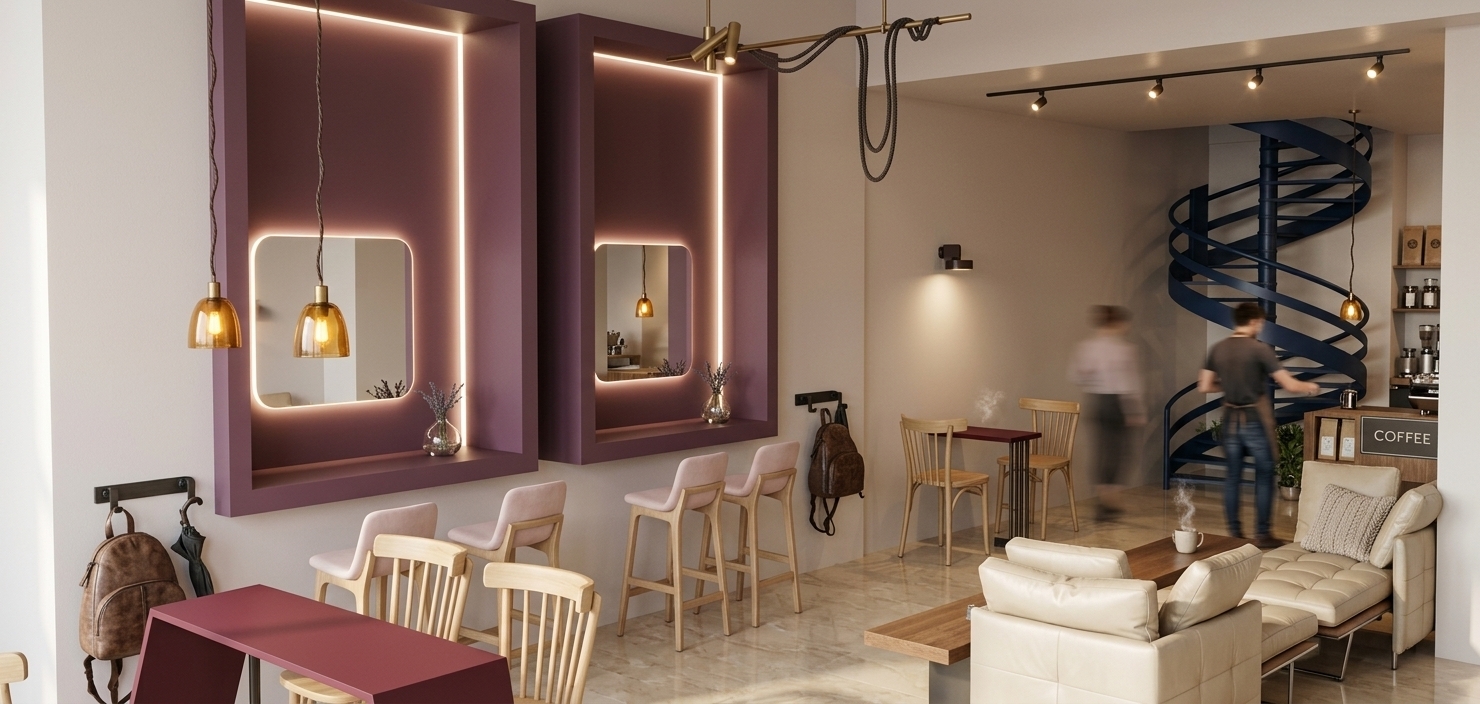 An incredibly lifelike, richly detailed, photorealistic wide-angle interior photo of a modern fusion coffee shop set in a trendy city boutique during a sunlit summer midday. The scene is illuminated by soft perimeter LED halo lighting inside deep wall alcoves, amber glass pendant lamps, and warm directional spotlights, creating a cozy, high-end, and inviting atmosphere. Captured with a 24mm architectural lens, emphasizing smooth matte plum wall paint, polished beige marble floor reflections, and tactile leather and wood grain textures. The thoughtful architectural layout features deep recessed wall frames housing illuminated mirrors, with soft-blush upholstered bar stools and blonde-wood spindle chairs arranged neatly around a rich burgundy accent table. To the right, a striking midnight-blue spiral staircase winds elegantly toward a second level, framing a boutique coffee counter where a barista expertly prepares a drink. Plush cream leather armchairs and a tufted daybed sit in the foreground lounge area, adorned with subtle leather folds and ceramic coffee mugs. Post-production touches elevate the realism, featuring subtle motion-blurred patrons moving gracefully through the background, delicate steam curling from fresh coffee cups, ambient lens flare, hyper-realistic lighting bounces off the glossy floor tiles, and a realistic depth of field that draws the eye deep into this stylish modern space.