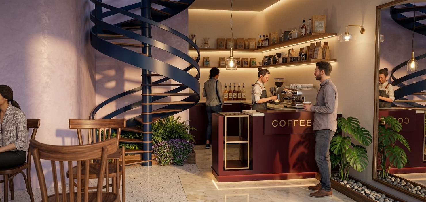 An incredibly lifelike, richly detailed, photorealistic eye-level interior architectural photograph of a modern luxury fusion coffee shop set in an upscale urban environment during a warm summer sunset. The scene is illuminated by low-angled golden sunset light filtering through front glazing, complemented by soft, warm 3000K concealed LED strips, a glass pendant light, and refined wall sconces, creating a sophisticated, cozy, and ultra-luxurious atmosphere. Captured with a full-frame DSLR and a 35mm lens, emphasizing tactile textures like deep navy blue powder-coated metal on the prominent spiral staircase, silky soft lavender wall finishes, creamy light marble floor tile, and deep cherry burgundy satin lacquer on the counter branding and accent structures, every element showcases exceptional realism. On the upper perimeter shelves, meticulously detailed specialty coffee bags with textured paper packaging sit alongside V60 glass drippers, syrup bottles, and ceramic mugs, while a polished chrome multi-boiler espresso machine gleams on the cream counter surface. In the foreground and midground, café patrons interact naturally—a barista crafting latte art, a customer reviewing a menu, and friends chatting over steaming artisan coffees—while lush tropical greenery tucked under the stairs and alongside light-accented mirror niches adds rich botanical contrast, all perfected with Corona-renderer filmic tone mapping, gentle highlight roll-off, and crystal-clear volumetric depth.