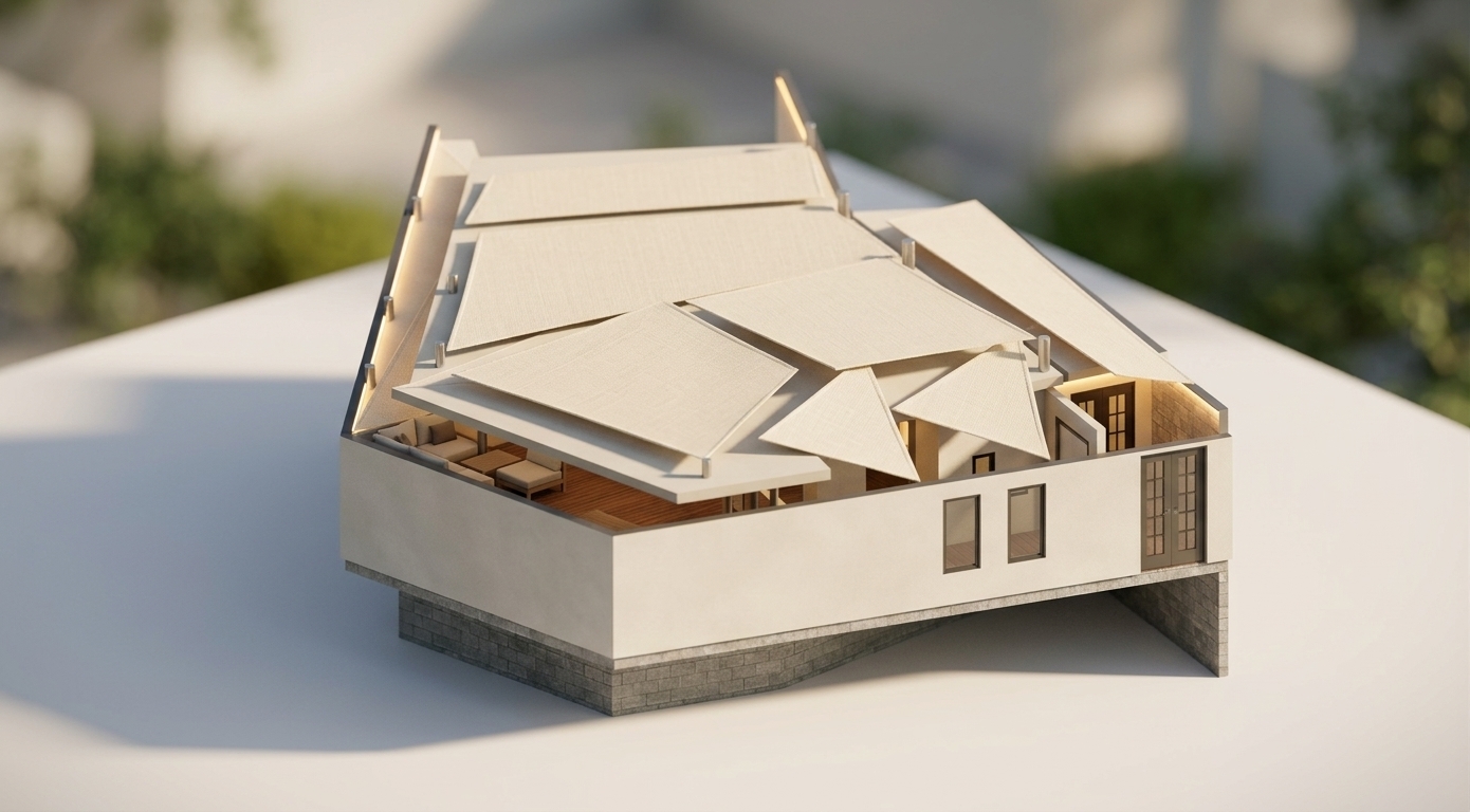An incredibly lifelike, richly detailed, photorealistic elevated isometric perspective shot of a modern Japanese Zen attic terrace structure set in a serene contemporary context. The scene is illuminated by warm, diffused daylight paired with soft LED accent lights integrated along the architectural eaves, creating a tranquil and inviting atmosphere. Captured with a professional 35mm architectural tilt-shift lens, emphasizing the woven textile texture of cream-colored tension fabric sails, natural wood grain, and tactile matte exterior finishes. The geometric roof planes are rendered as elegant fabric awnings with crisp seams that gently filter light down onto rich brown timber decking. To the left, minimalist designer outdoor furniture with neutral cushions sits harmoniously on the terrace, while delicate French doors and geometric windows punctuate smooth, off-white rendered walls and a exposed grey masonry foundation. The composition features sharp shadow falloff, subtle optical vignetting, and exceptional spatial depth, perfectly capturing an ambiance of modern architectural tranquility.