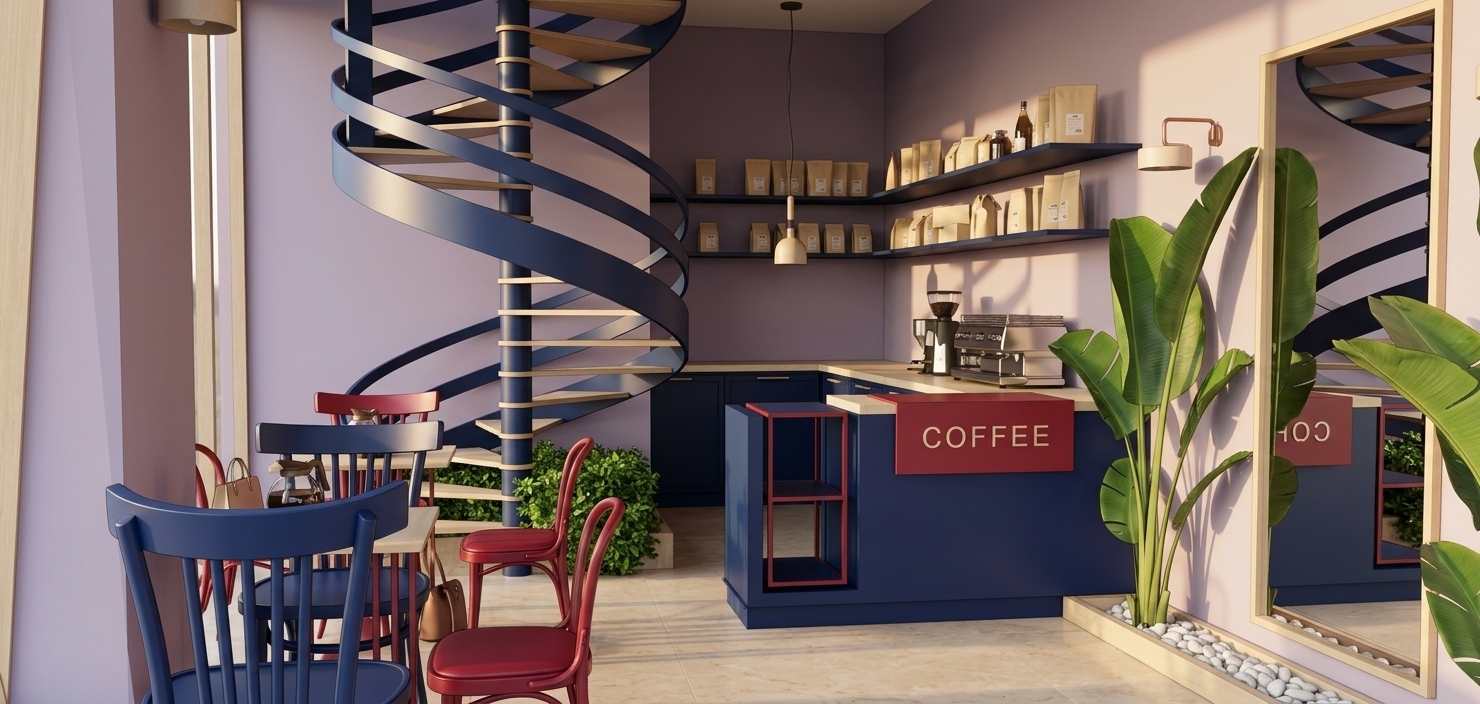 An incredibly lifelike, richly detailed, photorealistic wide-angle interior photo of a modern fusion boutique coffee shop set in a trendy urban setting during a warm summer evening. The scene is illuminated by low-slanted, golden sunset rays pouring through large front windows, casting soft long shadows and creating an inviting, sophisticated atmosphere. Captured with a professional 24mm tilt-shift architectural lens, emphasizing the vivid color-blocked palette, crisp geometric lines, and rich tactile textures throughout the space. Smooth matte lavender walls establish a soft backdrop for a dramatic, sweeping navy blue steel spiral staircase that anchors the central space, rising from a raised planter filled with lush, natural green foliage. In the foreground, vibrant navy blue wooden chairs and a slim cherry red metal accent chair are arranged around small tables featuring glass coffee pots, where a customer sits casually soaking in the warm ambiance. The service station displays navy blue cabinetry paired with light cafe latte quartz countertops that host a gleaming professional espresso machine, while the main counter features a cherry red metal framework enclosure with a matching cherry red "COFFEE" sign panel and open shelving unit. Dual floating navy blue shelves run along the lavender wall, meticulously lined with light cafe latte colored coffee bean bags and specialty bottles. To the right, a large floor-to-ceiling mirror with a light cafe latte frame amplifies the depth of the room, reflecting the golden hour light and the broad green leaves of a tropical plant set in a trough of polished white pebbles along the light cafe latte marble floor.