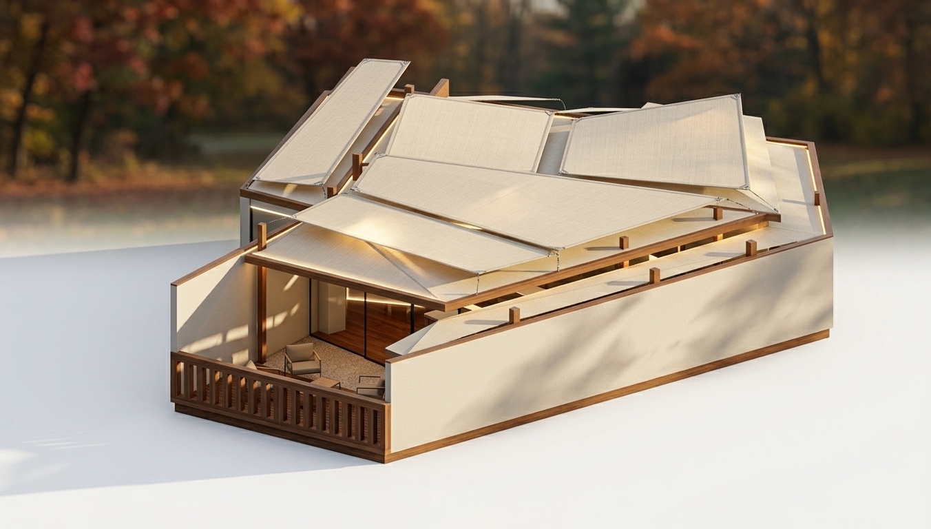 An incredibly lifelike, richly detailed, photorealistic elevated axonometric architectural photo of a modern outdoor terrace and minimalist coworking haven set in a serene autumn environment. The scene is illuminated by warm, low-angled autumn sunlight complemented by soft warm LED accent lights integrated along structural edges and soffits, creating a cozy, sophisticated, and tranquil atmosphere. Captured with a professional 35mm architectural tilt-shift lens, emphasizing realistic woven textile textures on cream-colored tension fabric sail awnings, warm natural grain on rich brown wood decking, and fine micro-textures across smooth painted exterior walls. The overlapping angular roof canopies filter gentle daylight through translucent seams, casting crisp geometric shadows across the pristine patio. On the open terrace, sleek designer outdoor furniture with neutral-toned cushions invites quiet collaboration, while subtle vignetting, natural matte finishes, and delicate depth of field elevate the refined photographic quality of this contemporary architectural masterpiece.