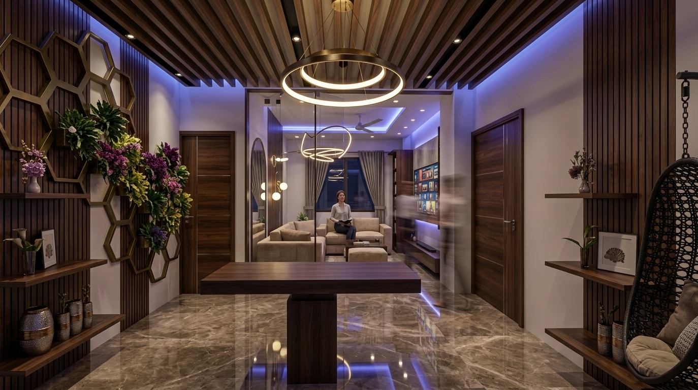 An incredibly lifelike, richly detailed, photorealistic wide-angle interior photo of a luxurious modern apartment foyer leading into an open-plan living room set in a contemporary urban residence during a cool spring night. The scene is illuminated by glowing dual-ring brass pendant lights, recessed track spotlights, and subtle blue-purple neon noir accents, creating a cinematic, atmospheric, and intimate mood. Captured with a 24mm architectural prime lens, emphasizing rich slatted timber textures, polished marble floor reflections, and organic greenery. Warm vertical wooden ceiling slats stretch across the room, framing floating dark wood display shelves, slatted wall panels, and a prominent geometric honeycomb feature adorned with lush potted foliage. In the background, visible through sleek glass partitions, a stylish living space unfolds with plush beige seating, a media wall, and a figure relaxing, while gentle motion blur from people moving through the hallway brings a dynamic sense of real life to the nocturnal aesthetic.