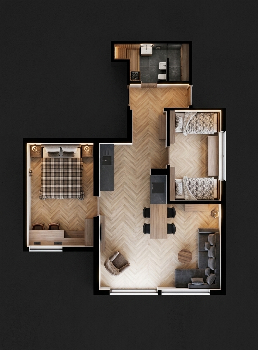 An incredibly lifelike, richly detailed, photorealistic top-down architectural photograph of a modern luxury apartment set in a serene mountain escape. The scene is illuminated by warm interior lighting paired with soft natural daylight streaming through large window openings, creating a cozy and inviting atmosphere. Captured with an ultra-sharp architectural lens, emphasizing natural wood grain textures, soft woven textiles, and refined matte finishes...

Seamless light oak herringbone floorboards sweep continuously through the open-plan living area, kitchen, main bedroom, children's bedroom, and hallway, giving the entire layout a cohesive, warm feel. In contrast, the bathroom and integrated sauna feature sleek, dark slate-grey tile flooring. The primary bedroom on the left is anchored by a cozy bed styled with a warm plaid duvet and includes a dedicated home office desk area along the wall. In the heart of the home, a dark kitchen island with an adjoining light wood dining table and black chairs seamlessly connects to the living space, which features a plush L-shaped charcoal-grey sectional, a round wooden coffee table, and an upholstered accent armchair. The children's room on the right houses twin single beds with elegant geometric bedding on identical wooden floors. At the top of the plan, the luxurious master bathroom includes modern white ceramic fixtures set against dark stone walls, culminating in a custom wooden sauna ideal for a mountain retreat.