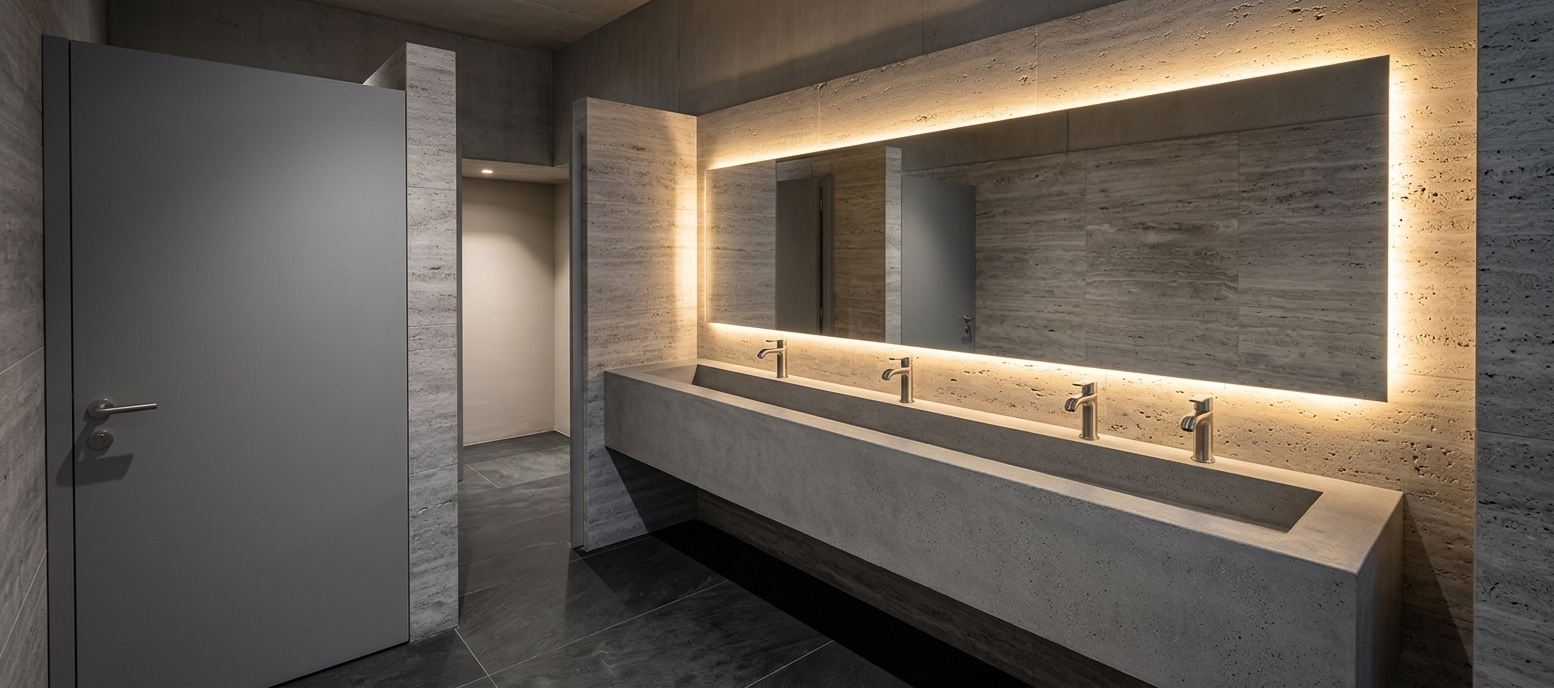 An incredibly lifelike, richly detailed, photorealistic wide-angle interior photograph of a modern restroom vanity area set in a stylish industrial loft. The scene is illuminated by concealed, warm-toned LED strip lighting hidden behind the expansive mirror, casting a dramatic, ambient halo glow onto the wall surface while creating a sleek, moody atmosphere. Captured with a professional 24mm architectural lens, emphasizing the rich tactile quality of raw cast concrete, brushed chrome metalwork, and natural vein-cut stone cladding.

In the center of the frame, a long floating trough basin made from micro-cement smooth grey concrete hangs effortlessly along the wall, anchored by four contemporary single-lever faucets with micro-reflections along their metallic surfaces. Above the sink, the large frameless mirror hovers against light grey horizontal travertine tiles, its perimeter glowing brightly with ambient backlight that catches every subtle grain and pore of the stone texture. To the left, a minimal matte grey stall door is neatly integrated alongside matching stone-clad dividers. The floor beneath features dark brushed charcoal slate tiles, reflecting soft highlights from the LED glow and completing this refined, modern industrial interior.