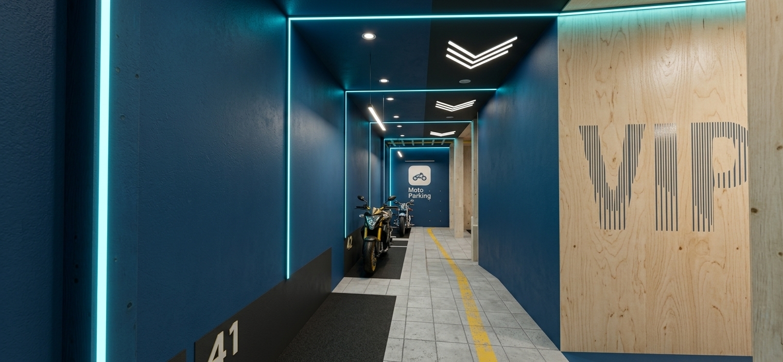 A real wide-angle photograph taken with a 24mm architectural lens at bright spring midday, capturing the exact spatial geometry, blue wall paneling, and directional layout of the garage corridor. Diffuse spring daylight fills the passage, harmonizing with cool blue-cyan LED edge lights and overhead linear fixtures to cast natural ambient light and subtle shadows across the scene. The deep navy blue walls exhibit a realistic matte paint finish with fine micro-textures, while the light wood panel on the right features genuine timber grain and stenciled VIP lettering showing delicate paint absorption into the wood fibers. The floor tiles display a realistic light grey honed concrete finish with subtle grout lines, faint surface scuffs, and a slightly worn, vibrant yellow painted guide line. In the distance, the parked motorcycles show glossy metallic finishes, deep rubber textures on the tires, and intricate mechanical highlights under the focused accent light of the Moto Parking bay. The image includes authentic photographic qualities such as gentle lens vignetting, subtle chromatic aberration near the frame edges, realistic depth of field, and a touch of fine film grain.