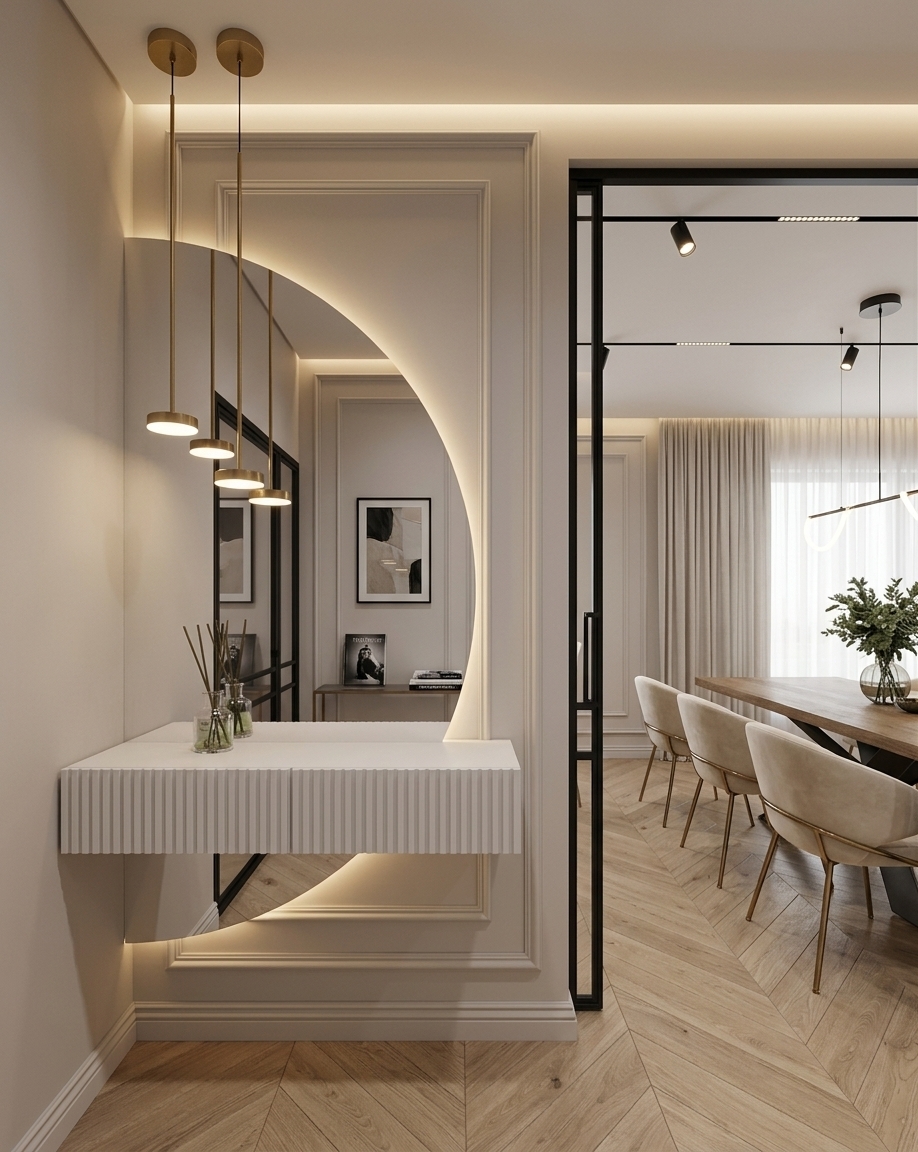 An incredibly lifelike, richly detailed, photorealistic medium-wide interior photo of a sophisticated modern fusion mudroom entryway and adjacent dining space set in an open-concept contemporary urban residence. The scene is illuminated by warm, indirect LED backlighting behind a striking geometric arched mirror, paired with four slim brass pendant lights and soft daylight diffused through floor-to-ceiling sheer drapery, creating a serene, elegant, and luxurious atmosphere. Captured with a professional 35mm architectural lens, emphasizing the tactile vertical flutes of the floating white console, the smooth matte wall finishes, and the rich grain of the light oak chevron parquet flooring. Mounted framed abstract wall art and a curated photography book sit subtly within view alongside minimal yet impactful decor, including a glass reed diffuser and a vase of lush botanical greenery on the dining table. The design seamlessly blends sleek, industrial-inspired black metal door frames and track lighting with warm metallic gold accents and natural wooden elements, while the adjacent dining room features plush, curved cream velvet chairs with slender brass legs arranged around a substantial timber table, balancing clean architectural lines with dynamic, contemporary texture.
