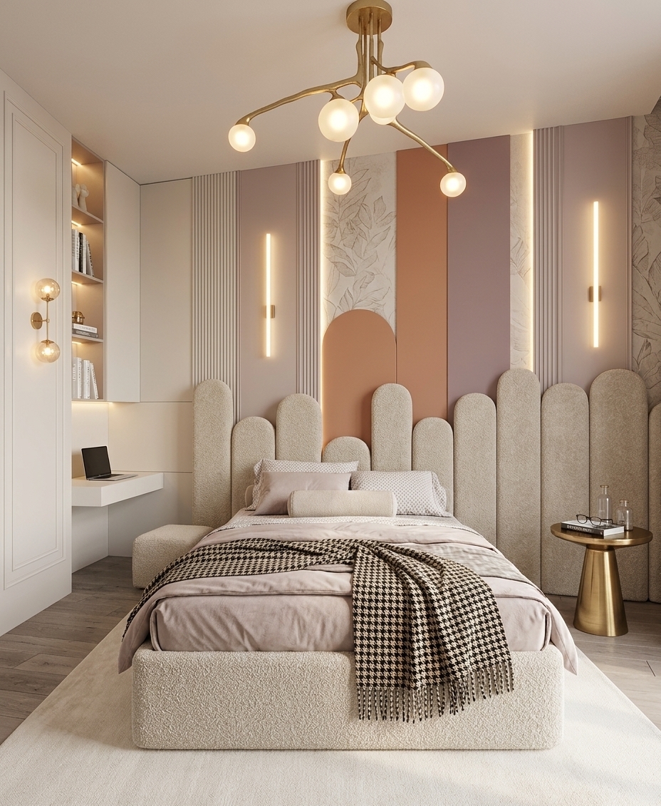 An incredibly lifelike, richly detailed, photorealistic wide interior shot of a luxury modern bedroom set in a tranquil desert retreat. The scene is illuminated by soft, sun-drenched ambient light paired with warm, vertical concealed LED strip highlights, creating a warm, peaceful, and sophisticated atmosphere. Captured with a professional 35mm architectural lens, emphasizing tactile boucle textures, smooth dusty terracotta paneling, and brushed brass details...

At the center of the space, a sleek platform bed framed in a plush, oatmeal-hued boucle fabric sits atop a large, ultra-soft cream rug over wide-plank muted oak floors. The bed is meticulously dressed in multi-layered linens featuring pale dusty-pink duvet folds, a subtle patterned sheet set, a soft bolster pillow, and a contrasting black-and-beige houndstooth throw blanket draped elegantly across the foot. 

Behind the bed, a striking architectural accent wall commands attention with its rhythmic composition of arching, vertical upholstered panels in varied heights, creating a stylized desert-dune contour. Interspersed along the wall are smooth panels in soft terracotta and muted mauve tones, complemented by delicate fluted moldings and subtle botanical leaf-motif wall plaster that echoes natural arid landscapes. Dual vertical strip lights cast an ambient, modern glow, flanked by a delicate brass sconce with glowing glass globes on the left side.

Hanging from the tall ceiling is a statement brass branch chandelier equipped with multiple illuminated frosted globe shades, casting a warm light throughout the upper room. To the right of the bed, a pedestal side table crafted from polished warm brass holds a photography book, a pair of reading glasses, and minimalist glass bottles. To the left, a seamless built-in wall unit in soft off-white features recessed backlit display shelves, hosting curated books and decorative objects above a low-profile bench desk with an open laptop, perfectly capturing a blend of minimalist elegance and refined functional design.