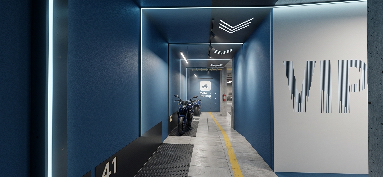 A photorealistic architectural photograph of the modern indoor motorcycle parking hallway taken on a bright spring midday, maintaining the exact layout, geometry, camera angle, and composition of the original scene. The deep blue walls exhibit realistic matte paint textures, subtle handling marks, and natural light falloff. Light-colored floor tiles show fine grout lines, natural micro-scratches, and subtle glossy specular reflections from the ceiling fixtures. The yellow painted line along the path shows faint edge wear and rubber tire friction marks. Linear LED accent lighting and chevron ceiling fixtures cast crisp, 5500K daylight-balanced illumination, casting gentle, natural shadows down the corridor toward the blue "Moto Parking" accent wall. On the right wall, the large "VIP" graphic appears as layered vinyl lettering with subtle edge shadows on a matte white wall panel. The parked motorcycles deep in the passage display realistic glossy finishes, metallic mechanical components, matte rubber tires, and accurate light reflections. The shot is captured through a wide-angle 24mm architectural lens at f/8, exhibiting sharp details across the entire frame, natural depth, faint atmospheric haze, subtle sensor grain in shadow areas, and very soft edge vignetting.