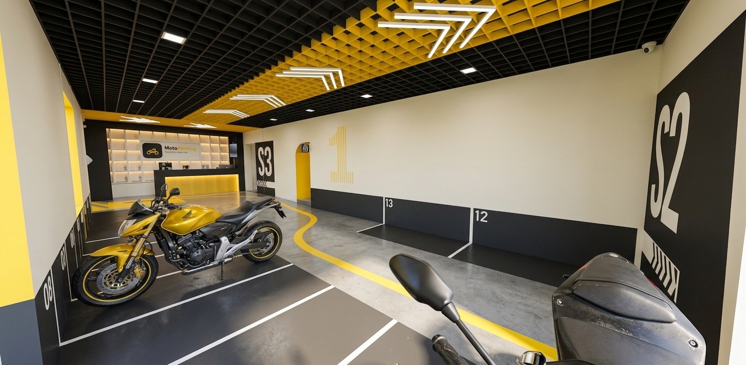A wide-angle interior photograph of a modern, high-contrast motorcycle parking facility on a bright spring midday, preserving the exact camera position, perspective, and composition. The room is brightly lit by overhead arrow-shaped LED light strips and recessed square lights that produce clean, diffused illumination with a neutral color temperature, casting realistic soft-edged shadows beneath the yellow motorcycle. The glossy yellow paint on the motorcycle displays natural reflections, while its matte black frame, detailed tire tread with subtle rubber wear, and metallic disc brakes render with realistic material physics. In the immediate foreground, the edge of the second motorcycle handlebar and side mirror show slight glass reflections and subtle surface smudges. The epoxy-coated floor features a soft satin finish with microscopic tire scuffs along the yellow guiding line and clean white bay markers. Matte black and off-white painted walls display crisp graphics and wall numbers ("S2", "S3", "1", "12", "13") with fine wall texture visible under the ambient light. The ceiling grid of acoustic tiles and yellow acoustic baffles shows authentic structural depth. The photograph features crisp optical clarity with gentle lens vignetting at the edges, subtle bloom around light fixtures, and fine photographic grain for complete realism.