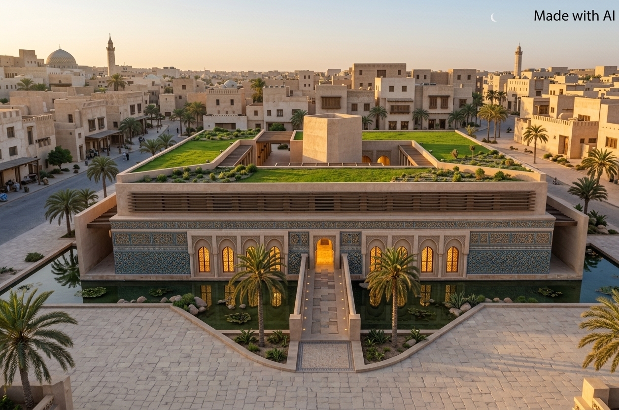 An incredibly lifelike, richly detailed, photorealistic aerial wide-angle exterior photo of a grand Moroccan-inspired architectural sanctuary set in a historic Middle Eastern desert urban landscape under a soft summer sky with a delicate crescent moon. The scene is illuminated by the early golden light of sunrise harmonized with warm, inviting interior illumination glowing through ornate arched windows and along stone pathways, creating a serene and mystical atmosphere. Captured with a high-resolution drone camera using a sharp 24mm lens, emphasizing the elaborate geometric zellij tilework in shades of deep blue, turquoise, and gold, textured sand-colored plaster, vibrant green rooftop lawns, tranquil reflecting pools, and lush palm trees framing the central courtyard bridge.