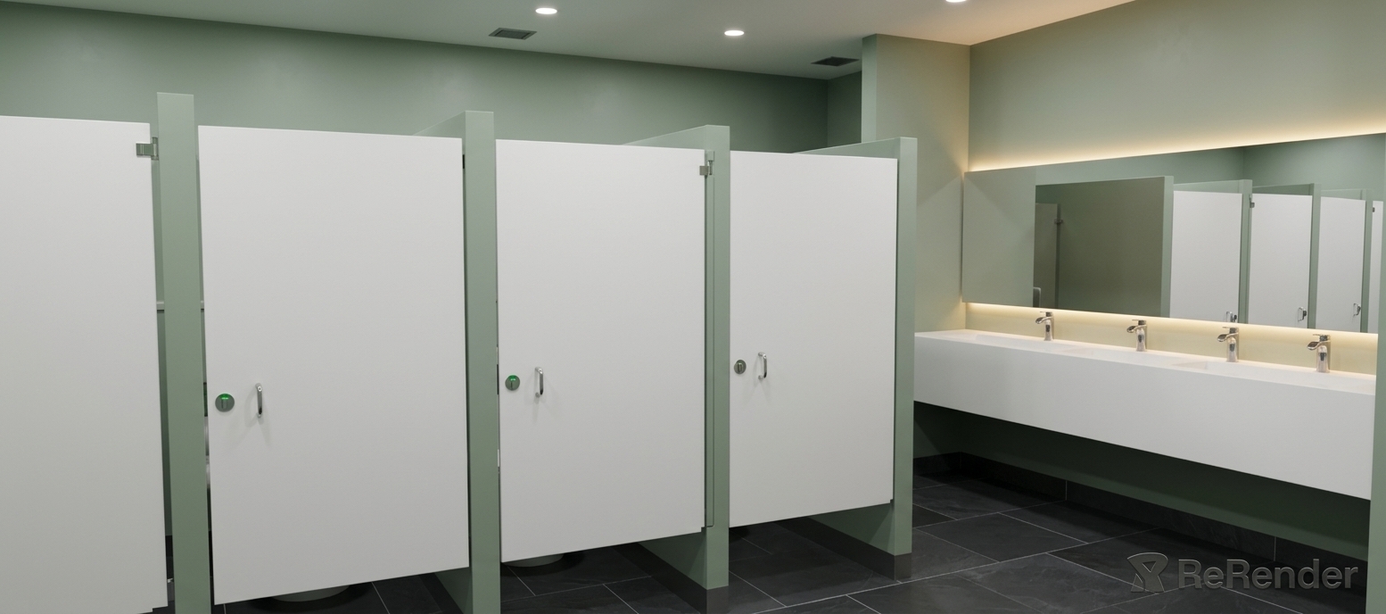 An incredibly lifelike, richly detailed, photorealistic wide-angle interior photo of a refined public bathroom set in a contemporary industrial loft environment. The scene is illuminated by soft, recessed ceiling downlights and a warm, ambient LED backlight behind the long horizontal mirror, creating a clean, serene, and sophisticated atmosphere. Captured with a 24mm architectural prime lens, emphasizing the smooth matte textures, subtle reflections, and precise geometric lines of the space.

In this reimagined layout, the entire background wall behind the toilet cubicles is completely smooth and finished in the exact same soft sage-green hue as the structural stall frames, creating a seamless, monolithic backdrop. The toilet partition doors remain crisp matte white with minimalist stainless steel hardware. To the right, a floating white solid-surface trough sink stretches below an expansive, backlit mirror fitted with sleek chrome deck-mounted faucets. Dark charcoal slate floor tiles provide a grounded, rich contrast underfoot, maintaining a perfectly balanced, clutter-free aesthetic.
