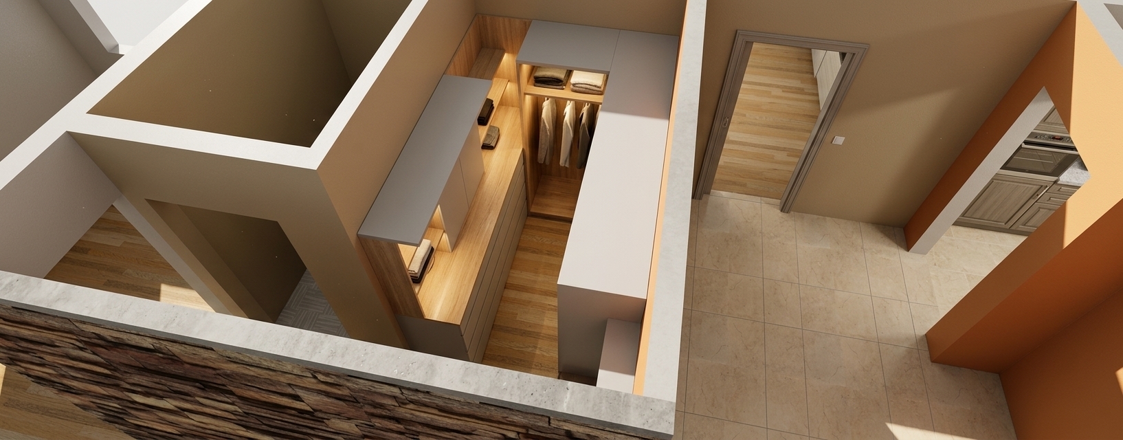 A realistic architectural photograph capturing the exact high-angle cutaway perspective of this modern minimalist walk-in closet and adjacent spaces, strictly preserving every wall layout, cabinet configuration, and structural detail. The custom built-in cabinetry and shelving feature a clean, matte light-gray and white finish with subtle micro-textures and soft satin sheens. Integrated warm 2800K LED strip lighting under shelves and within cabinet niches illuminates the interior with a gentle, inviting glow, casting soft accent light onto the rich, natural light-oak wood flooring inside the dressing room. The adjacent open floor area displays realistic matte beige ceramic tiles with delicate grout lines and faint surface reflections. Shot with a professional wide-angle tilt-shift architectural lens, the image showcases crisp depth of field, natural ambient lighting bounces, subtle realistic shadows in corners, and fine material realism without altering any geometry or furniture arrangement.