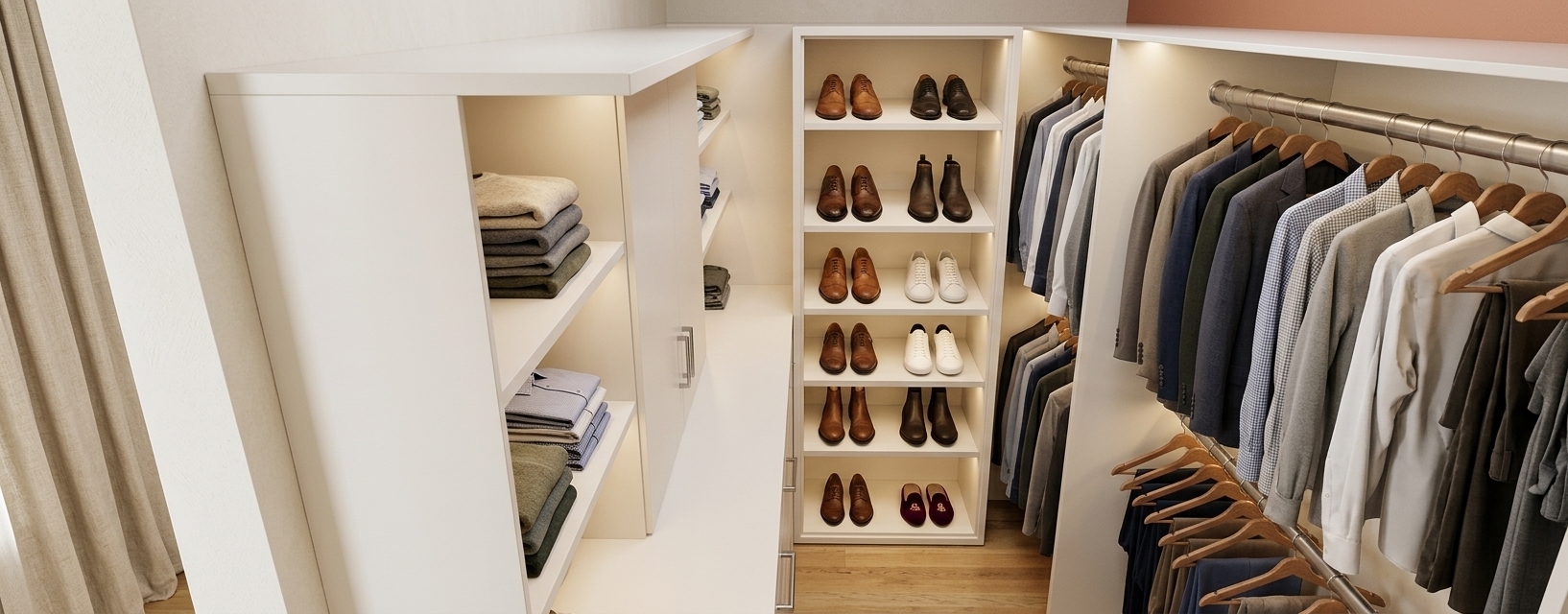 A photorealistic interior architecture photograph of a modern, minimalist light-toned walk-in closet, maintaining the exact layout, camera angle, perspective, and cabinetry geometry from the input image. The custom built-in furniture features smooth off-white satin-finished wood paneling with subtle surface micro-textures, while the tall open module in the center back functions as a sleek shoe rack cabinet with clean interior shelving. The closet hanging rods on the right are crafted from brushed stainless steel, exhibiting realistic metallic sheen and soft specular highlights. Below, the floor reveals light natural oak wood planks with detailed grain and a delicate semi-matte finish. Integrated warm LED strip lighting casts a soft, inviting glow from within the cabinetry, bathing the bright room in light and creating smooth ambient gradients and soft contact shadows in the corners. The shot is captured with an architectural wide-angle lens, incorporating realistic depth of field, subtle falloff, gentle edge vignetting, and fine natural noise to render a beautifully authentic photograph without modifying any structural elements or layout.
