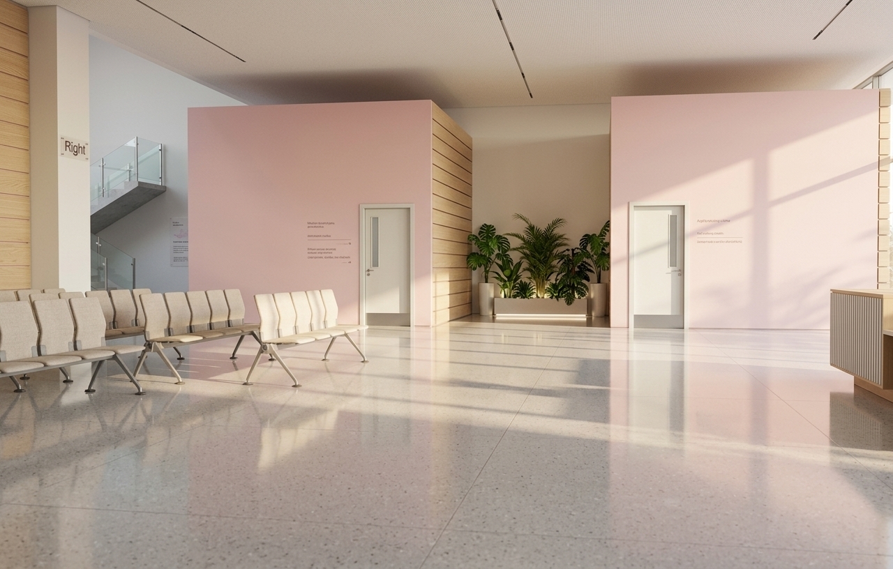 An incredibly lifelike, richly detailed, photorealistic wide-angle interior photograph of a spacious main waiting hall set in a high-end gynecology and obstetrics clinic. The scene is illuminated by warm, welcoming afternoon sunlight streaming across clean white surfaces, creating a peaceful, serene, and healing atmosphere. Captured with a 24mm architectural tilt-shift lens, emphasizing the smooth matte pastel pink architectural concrete of two central freestanding consulting pods accented by light oak slatted timber panels. To the left, rows of refined modular seating with light beige textured upholstery line the open hall near a minimalist modern staircase. Between the two central pods, flourishing floor planters brimming with lush tropical monsteras and palms are highlighted by soft, integrated uplighting. Below, high-gloss polished light grey terrazzo flooring reflects subtle, satin highlights from the sunlit environment, completing this elegant and harmonious medical space.