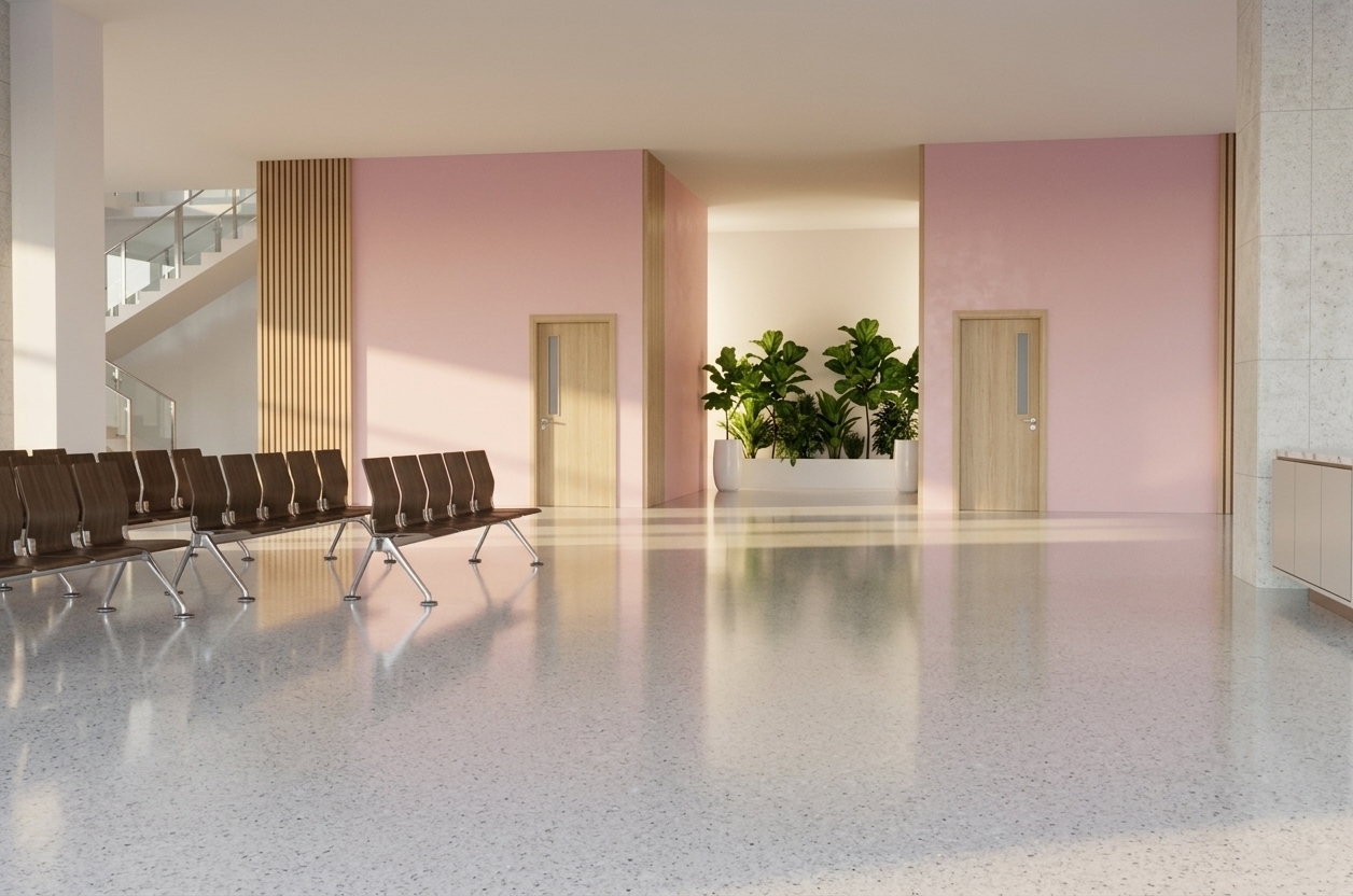 An incredibly lifelike, richly detailed, photorealistic wide-angle interior photograph of a spacious waiting and distribution hall set in a high-end gynecology and obstetrics clinic. The scene is illuminated by warm, welcoming afternoon sunlight filtering through the space and casting gentle satin reflections onto the floor, creating a serene, peaceful, and healing atmosphere. Captured with a professional wide-angle tilt-shift lens, emphasizing the smooth matte pastel pink architectural concrete of two central freestanding consulting pods, light oak wood slatted side accents, and the rich texture of high-gloss polished light grey terrazzo flooring. To the left, rows of minimalist, dark wood-and-chrome modular seating are arranged neatly near a contemporary staircase featuring clean glass handrails. The central corridor between the two pink volumes reveals lush, vibrant green indoor foliage in sleek white floor planters, subtly backlit to enhance depth. To the far right, the clean edge of a refined reception counter completes this harmonious, light-filled architectural sanctuary designed for wellness and calm.