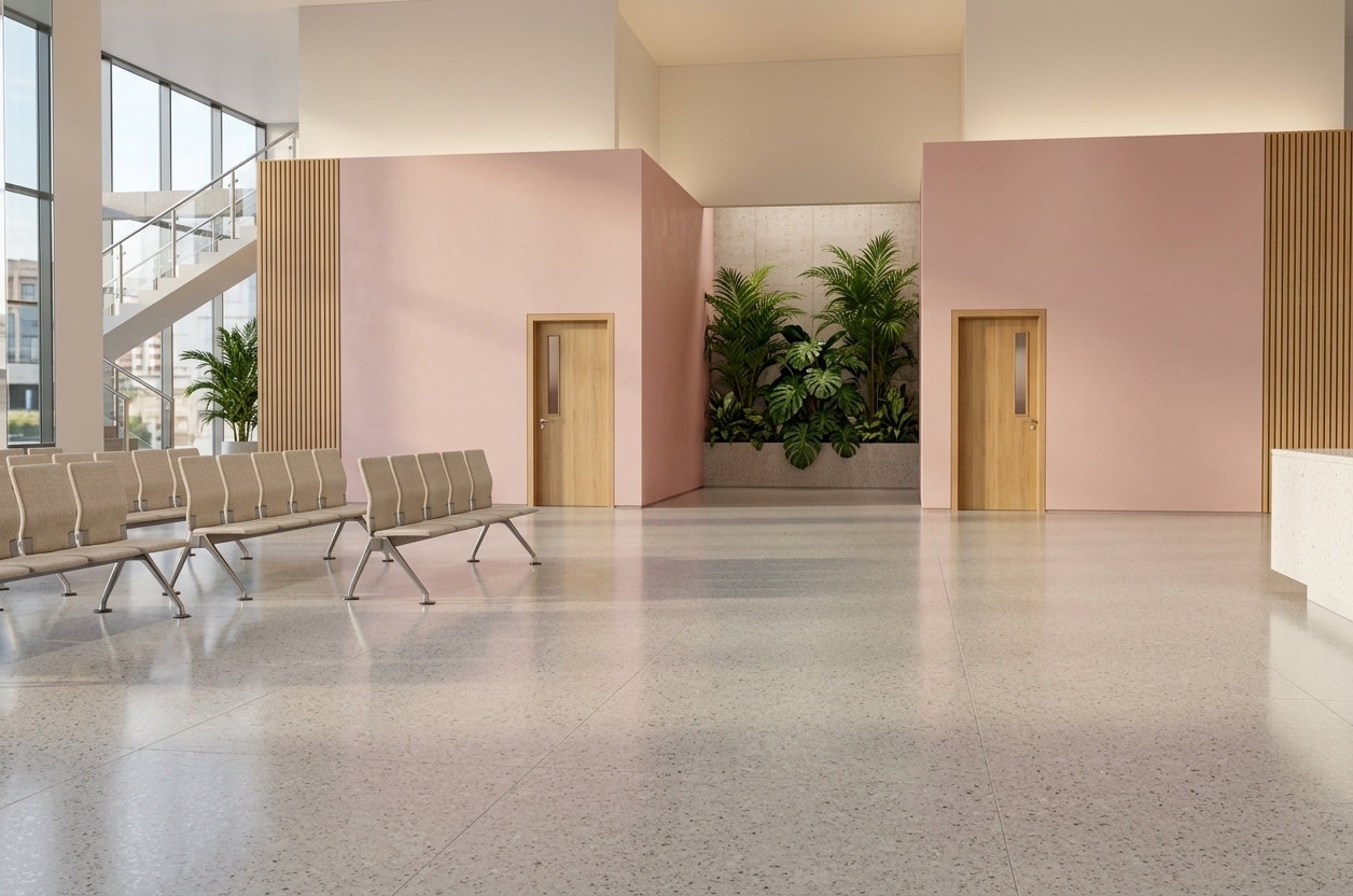 An incredibly lifelike, richly detailed, photorealistic wide-angle interior architectural photograph of a spacious main waiting and distribution hall set in a high-end gynecology and obstetrics clinic. The scene is illuminated by warm, welcoming afternoon sunlight balanced with soft ambient uplighting, creating a serene, peaceful, and healing atmosphere. Captured with a full-frame architectural camera fitted with a 24mm tilt-shift lens, emphasizing the rich contrast between matte architectural concrete, natural timber textures, and high-gloss surfaces. At the center of the symmetrical composition stand two detached consulting pods rendered in smooth matte pastel pink architectural concrete, accented with light oak wood slatted side panels and warm timber doors. To the left, rows of modern modular lounge seats upholstered in textured light beige fabric sit beneath a minimalist staircase with steel-and-glass railings. On the far right, the clean edge of a sleek white terrazzo reception desk anchors the entry, while the central background framed between the pods features lush built-in planters overflowing with vibrant green tropical palms and monsteras. Beneath it all, a polished light grey terrazzo floor casts soft satin reflections, seamlessly uniting the modern, patient-focused environment.