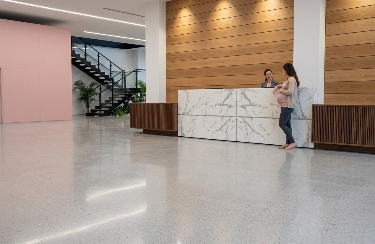 An incredibly lifelike, richly detailed, photorealistic eye-level wide-angle interior architectural photograph of a premium hospital reception desk and lobby set in a modern gynecology clinic. The scene is illuminated by warm recessed LED spotlights casting soft downlight over the counter and sleek linear architectural lighting, creating a peaceful, welcoming, and upscale healing atmosphere. Captured with a professional wide-angle lens, emphasizing the smooth, high-gloss light grey terrazzo flooring with soft satin reflections and the intricate organic veining of the central desk. The prominent reception counter is meticulously crafted from polished Calacatta white marble blocks, flanked by rich vertical dark walnut wood slatted side modules. Behind it, a grand feature wall is clad in horizontal warm oak wood panels fitted seamlessly between smooth white architectural concrete pillars. To the left, a matte pastel pink architectural concrete consulting pod frames the foreground, leading the eye toward a minimalist black steel staircase fitted with clear glass balustrades, softened by plush green indoor palms. A professional female receptionist warmly interacts with an expectant mother at the counter, completing this serene and pristine architectural visualization.