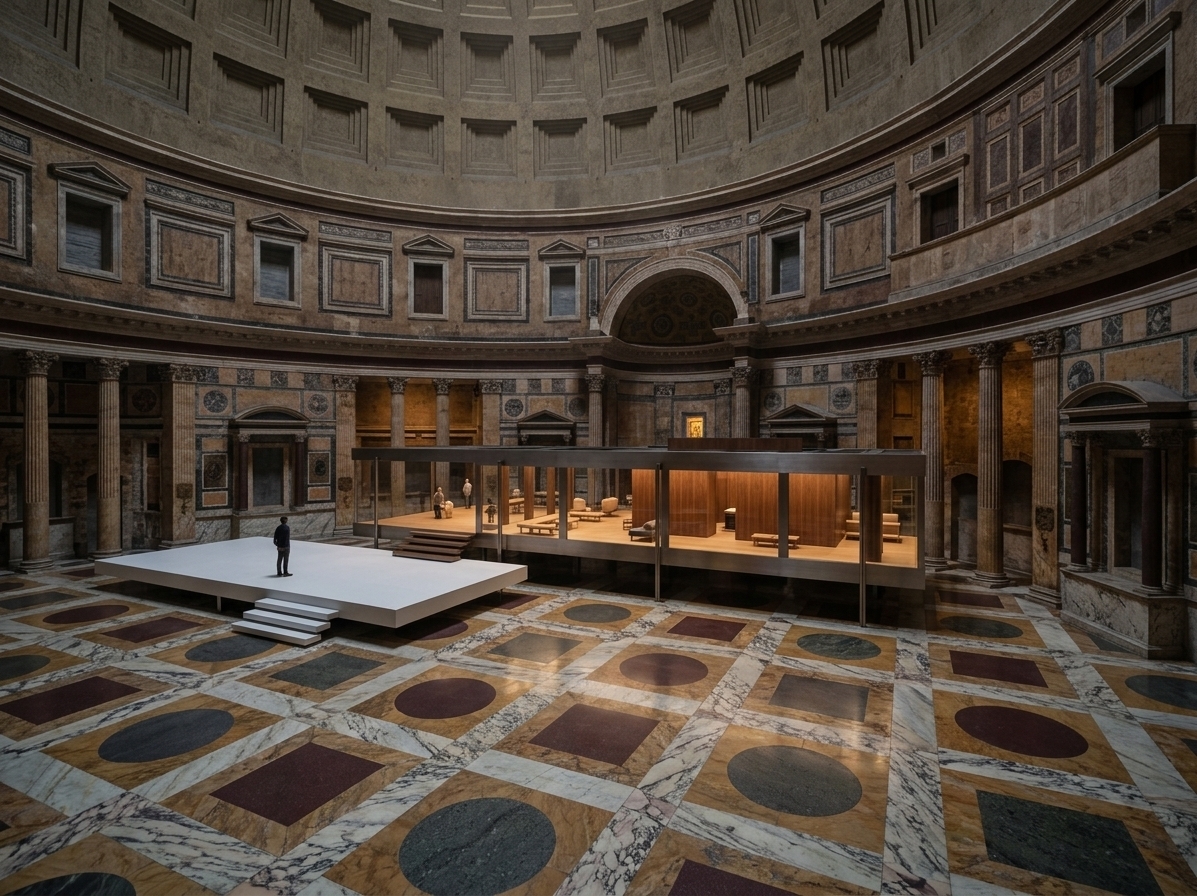 An incredibly lifelike, richly detailed, photorealistic wide-angle interior photo of a modern pavilion exhibition space set in a magnificent classical rotunda. The scene is illuminated by dim, moody ambient light filtering softly down from the coffered dome while warm, inviting light glows from within the structure, creating a serene, dramatic, and zen-inspired atmosphere. Captured with a professional 24mm tilt-shift architectural lens, emphasizing the dramatic contrast between the intricate geometric marble floor patterns, aged stone niches, and the pavilion's ultra-clean lines, sleek metal supports, and rich wooden paneling. This uncluttered, modern haven features low-profile Zen-inspired furnishings, streamlined benches, and subtle pastel tones resting on pristine raised white platforms. The transparent glass walls of the central volume reveal a sleek, functional layout designed for quiet contemplation, beautifully merging timeless classical architecture with elegant modern minimalism.