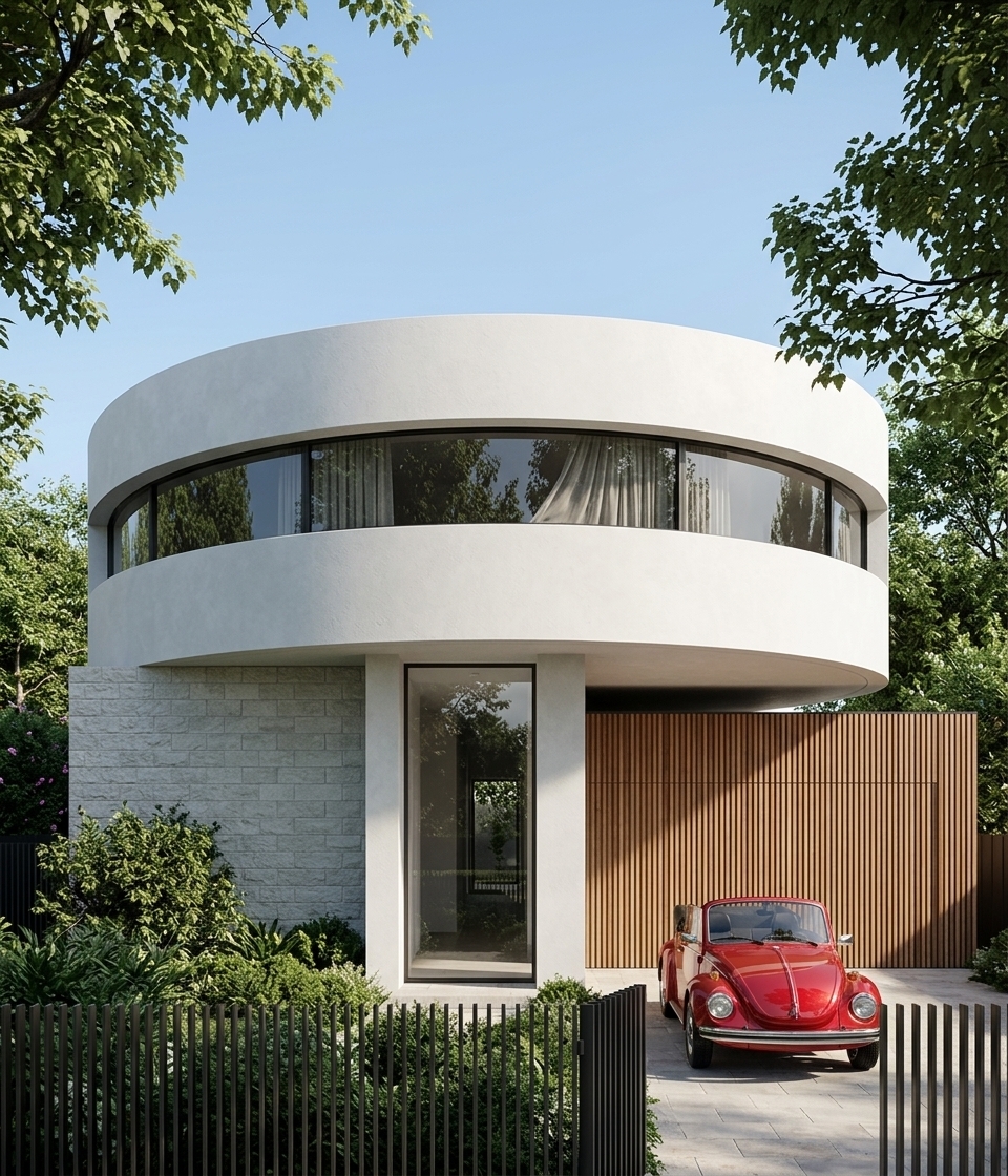An incredibly lifelike, richly detailed, photorealistic eye-level architectural photo of a modern minimalist haven residence set in a peaceful, lush suburban garden setting. The scene is illuminated by soft, bright midday sunlight filtering through mature leafy trees, creating a serene, elegant, and uncluttered atmosphere. Captured with a professional 35mm tilt-shift architectural lens, emphasizing the tactile interplay between smooth white rendered concrete, textured light gray masonry blockwork, warm fluted timber cladding, and polished glass reflections.

The focal point of this striking residence is its dramatic upper level—a bold, perfectly circular floating drum finished in a smooth, matte white plaster. A continuous, dark-tinted ribbon window wraps seamlessly around the curve, reflecting the soft green canopy of the surrounding foliage while revealing glimpses of a light-filled interior dressed with sheer, flowing drapery. 

On the ground floor, the design grounds itself with a rich variety of textures. To the left, a wall of light gray textured stone masonry adds depth, buffered by low-lying manicured shrubs and a delicate young tree. The central entrance features a tall, floor-to-ceiling glass door framed in clean off-white plaster, leading into a serene interior that echoes a Zen-inspired aesthetic with monochromatic tones of white, soft gray, and subtle pastel accents.

To the right, a warm, vertically slatted timber facade wraps the garage structure, housing an open bay lined with rich wooden wall panels. Parked neatly inside on light stone pavers is a vibrant, glossy red vintage Volkswagen Beetle convertible, serving as a captivating pop of color against the building's refined palette. 

In the foreground, a sleek, dark slatted metal fence gracefully borders the property, enclosing an outdoor garden bed filled with lush, dense greenery. Overhead, the leafy branches of surrounding mature trees naturally frame the composition against a pristine blue sky, emphasizing the seamless connection between bold contemporary architecture and a tranquil natural context.