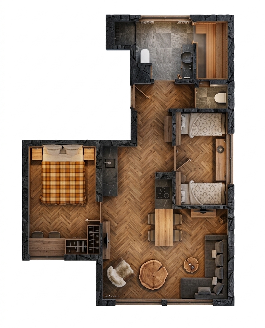 An incredibly lifelike, richly detailed, photorealistic top-down architectural photograph of a luxury apartment floorplan set in a cozy mountain escape retreat. The scene is illuminated by warm, diffused overhead lighting and soft ambient accents, creating a high-end, welcoming atmosphere. Captured with a sharp wide-angle architectural lens from a direct overhead angle, emphasizing rich wood grains, matte stone textures, and refined interior finishes. A seamless, warm-toned oak herringbone parquet floor unites the open-plan living room, master bedroom, and kids' bedroom in a consistent direction and tone. The living area features an inviting charcoal-gray L-shaped sectional sofa, a round wooden coffee table, a plush accent armchair, and a sleek dining set adjacent to a modern kitchenette with dark stone countertops. In the master bedroom, a plush bed is dressed in an amber plaid blanket, while the children's room hosts two twin beds with subtle geometric linens. Both the main bathroom and guest toilet showcase elegant, slightly lightened dark-gray stone floor tiles; the main bathroom incorporates a crisp white toilet, a dark gray natural stone vessel sink atop a timber vanity, and an integrated private dry sauna lined with warm, natural wood paneling.