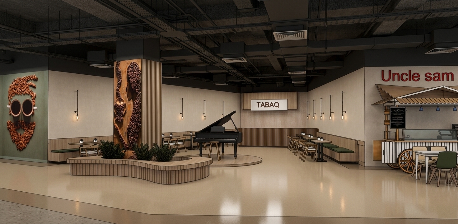 A professional wide-angle architectural photograph shot on a full-frame camera with a 24mm lens at f/8, capturing this commercial interior with precise visual realism. Above, the ceiling is an exposed matte-black industrial layout filled with dark HVAC ducting, metal conduits, and subtle shadows, from which simple minimalist pendant lights hang on fine cords, emitting warm, diffused illumination across the space. Below, the floor is rendered as a smooth, beige-toned seamless vinyl with a realistic low-gloss sheen that softly catches ambient light reflections. Soft diffuse lighting evenly fills the hall, emphasizing authentic material micro-textures: the glossy lacquered finish of the black grand piano, the tactile embossed texture of roasted coffee beans on the feature pillar and side wall, the fine wood grain of the curved slatted planter, and the detailed surfaces of the illuminated vendor booths. The image displays natural photographic traits including crisp depth of field, subtle micro-imperfections on surfaces, faint lens vignetting at the edges, and authentic indoor illumination balance.