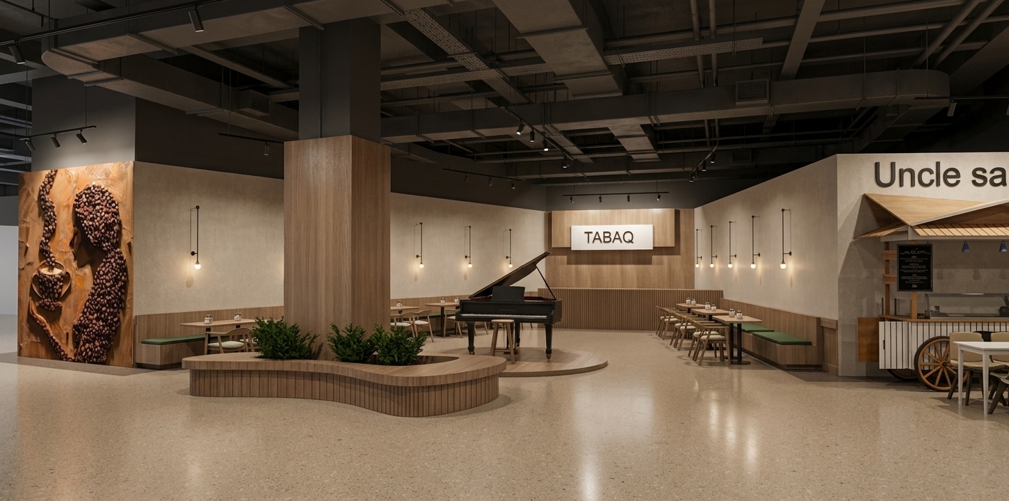 A photorealistic wide-angle interior architectural photograph capturing this modern indoor food hall exactly as laid out, maintaining the precise camera angle, spatial geometry, and element placement. The open ceiling overhead is exposed and dark, featuring realistic matte-painted air ducting, thin conduits, structural beams, and suspended track lights to create rich industrial depth above the scene. Below, the ground is replaced with a smooth, seamless beige-toned terrazzo vinyl floor embedded with fine aggregate specks, exhibiting a soft satin sheen that gently reflects the warm indoor lighting. The glossy black lacquer of the central grand piano catches crisp ambient reflections on its circular wooden stage beneath the illuminated TABAQ sign. Pendant lights along the matte off-white plaster walls cast warm, soft cones of 3000K light, highlighting the rich wooden slatting, the green upholstered booth cushions, and the textured relief of the coffee bean wall art on the left. The lighting is naturally layered, with subtle falloff towards the edges, faint micro-smudges on glass and polished surfaces, and a crisp full-frame lens clarity that endows every wood grain, metal edge, and terrazzo texture with photorealistic depth and tangible atmosphere.