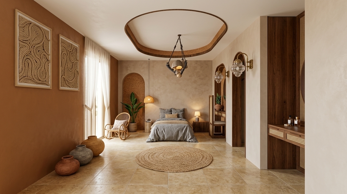 An incredibly lifelike, richly detailed, photorealistic wide-angle interior photo of a bohemian oasis bedroom set in a luxurious summer sanctuary. The scene is illuminated by bright, diffused midday daylight filtering gently through sheer floor-to-ceiling drapery, creating a warm, serene, and free-spirited atmosphere. Captured with a 24mm architectural lens, emphasizing tactile jute textures, handcrafted rope tapestry wall art, and smooth plaster finishes in shades of warm rust, mustard undertones, and soft earthy neutrals. At the center of the room, a plush low-profile bed dressed in relaxed grey linens rests beneath a striking oval recessed ceiling feature edged in rich cork timber and anchored by an artisanal hanging pendant light. To the left, a cozy corner features a classic natural rattan rocking chair alongside a trio of organic ceramic floor vases, while a woven circular rug rests on the polished stone tile flooring. Deeply recessed arched wall niches with textured cork backdrops cradle lush potted tropical plants and elegant wooden vanity accents, seamlessly blending globally-inspired decor, layered macramé elements, and handcrafted furnishings into a stunning visual composition worthy of a luxury photography book.