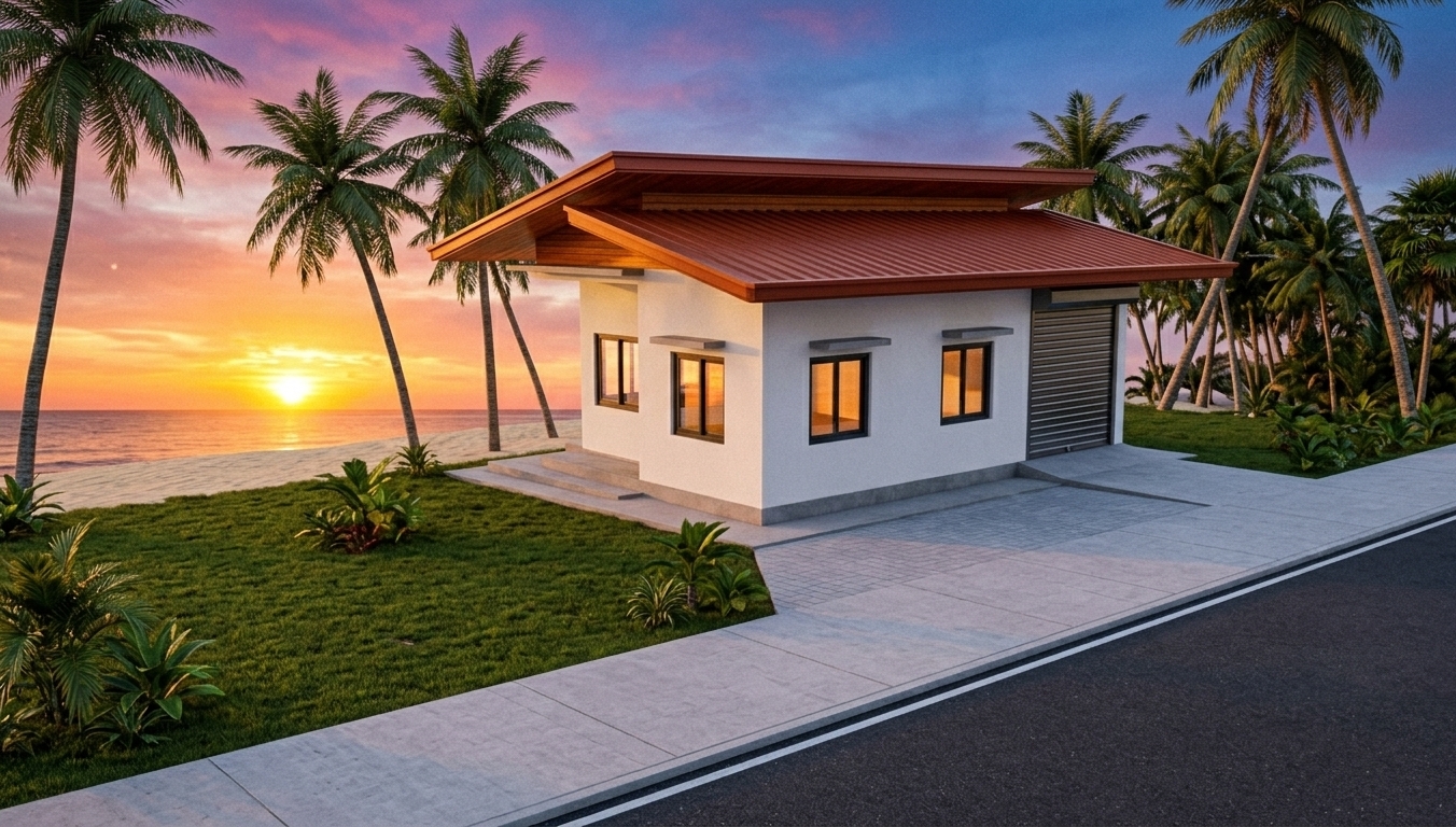 An incredibly lifelike, richly detailed, photorealistic wide-angle exterior view of a single-story modern tropical bungalow set in a coastal minimalist haven bordered by lush coconut palms and an expanse of sandy ocean beach. The scene is illuminated by the radiant golden-orange glow of a summer sunset low on the ocean horizon, creating a warm, tranquil, and idyllic atmosphere. Captured with a professional 35mm architectural lens at f/8, emphasizing crisp stucco textures, the metallic sheen of the dark aluminum window frames, and the rich terracotta red finish of the corrugated metal roof design, the house stands as a modern retreat. The structure features clean, geometric lines with smooth white plaster exterior walls resting on a low concrete base, sitting beside a neatly paved driveway that connects to a dark asphalt road in the foreground. Dark-framed glass windows topped with floating concrete visors catch the fiery reflections of the evening sky, while a sleek metallic roller shutter door integrates effortlessly into the clean elevation with a small concrete ramp. Beneath the generous eaves of the dual sloping roofs, warm wooden soffits subtly reflect the ambient twilight glow. In the background, towering coconut palms lean softly against a sky brushed in hues of magenta and gold, casting gentle, elongated shadows across the manicured green lawn garden to complete this picture-perfect summer sanctuary.