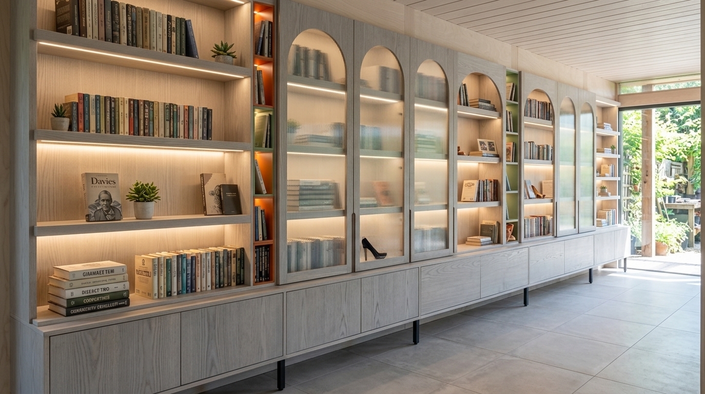 An incredibly lifelike, richly detailed, photorealistic wide-angle interior photo of an expansive custom wall-integrated library set in a bright, minimalist haven workshop. The scene is illuminated by warm, concealed LED strip lights running beneath each shelf, harmoniously blending with bright midday daylight pouring through the glass door at the far end, creating a serene, inviting, and intellectual atmosphere. Captured with a 35mm architectural lens, emphasizing the tactile grain of bleached grey ash cabinetry, translucent reeded glass arched panels, and soft matte concrete floor tiles, the composition maintains immaculate linear perspective. The extensive wall unit features a sleek lower sideboard elevated on slender black metal legs, surmounted by built-in shelving loaded with books, art books, and small potted plants. Tall sliding doors with elegant arched fluted glass inserts softly blur the contents behind them, while narrow accent cubbies painted in vivid burnt orange and sage green offer vibrant modern pops of color against the neutral, wood-clad walls and ceiling.