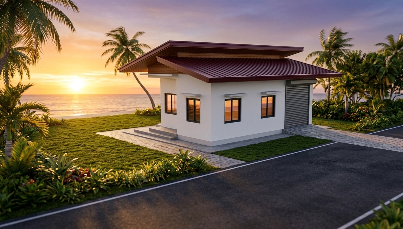 An incredibly lifelike, richly detailed, photorealistic eye-level exterior architectural photo of a modern single-story coastal bungalow set in a idyllic coconut beach environment. The scene is illuminated by the radiant, warm golden glow of a late spring sunset low over the ocean, creating a serene, idyllic, and tropical atmosphere with soft coastal breezes swaying nearby palm fronds. Captured with a 35mm tilt-shift lens, emphasizing the crisp geometric lines, smooth white rendered exterior stucco walls, and contrasting deep red standing-seam metal roofs that feature rich timber soffit underlays beneath their pronounced overhangs. Neat dark aluminium-framed double windows with sleek overhang ledges reflect the brilliant orange and purple sunset sky, while a dark grey metallic roller shutter door secures the side bay adjacent to a paved stone driveway. Surrounding the dwelling is a manicured outdoor garden lawn featuring vibrant tropical vegetation and coconut trees, seamlessly transitioning from the dark asphalt road in the foreground to the sunlit coastal vista beyond.
