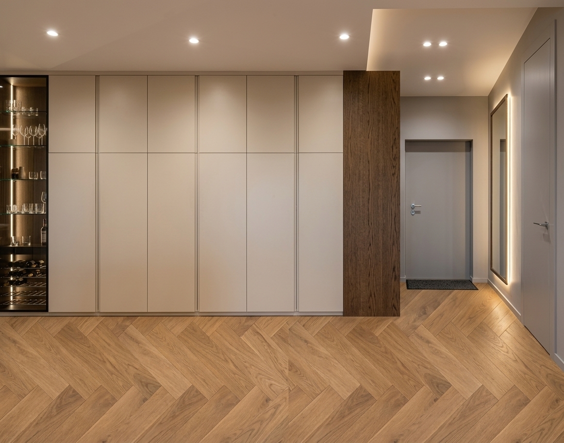An incredibly lifelike, richly detailed, photorealistic wide-angle interior photo of a contemporary mudroom and hallway transition set in a sophisticated urban residence. The scene is illuminated by soft recessed spotlights and ambient halo backlighting, creating an airy, light-filled, and sophisticated atmosphere. Captured with a professional 35mm architectural lens, emphasizing key textures and details like the matte champagne joinery, polished glass surfaces, and rich wood grains. 

Embodying contemporary elegance, the space displays a refined and balanced palette of warm white, pearl, champagne, and soft gray. A floor-to-ceiling storage wall features clean-lined panels paired with a dark, illuminated glass-front display case containing curated glassware and slim metal accents. On the right, a rich oak accent panel anchors the cabinetry, complementing the warm oak floor laid in a classic herringbone pattern. Beyond, the streamlined mudroom area features an understated gray entry door and a full-length mirror trimmed with soft backlight glow, projecting an ambiance of tailored, polished quiet luxury.