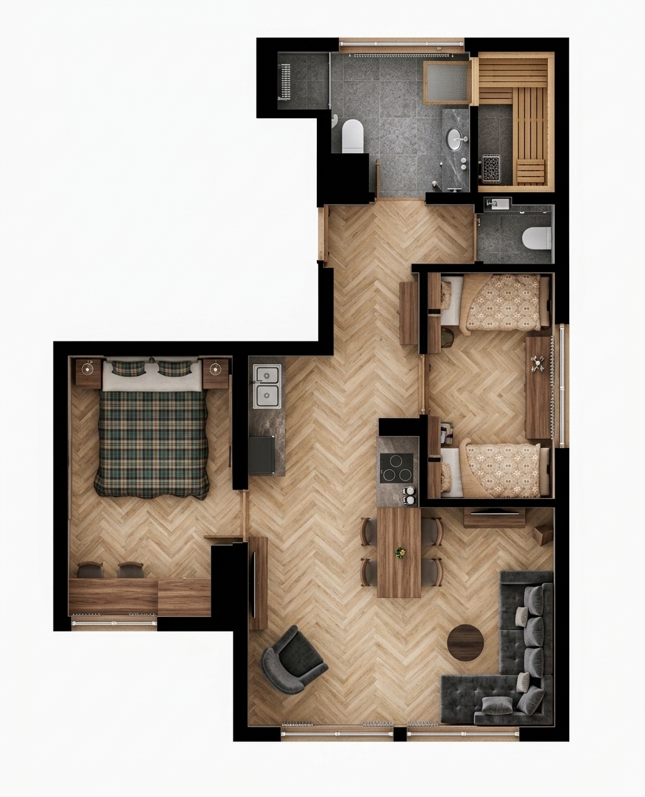 An incredibly lifelike, richly detailed, photorealistic top-down architectural floor plan photograph of a modern mountain escape apartment set in an upscale alpine lodge. The scene is illuminated by soft, bright ambient overhead lighting, creating a warm, cozy, and sophisticated atmosphere. Captured with a high-resolution wide-angle tilt-shift camera positioned directly overhead, emphasizing the crisp solid black wall cutouts, pristine light oak herringbone parquet flooring, and rich interior textures. The unified light wood herringbone flooring flows continuously across the living room, bedrooms, and hallway without any rugs, establishing a seamless modern aesthetic. The open living area features a plush charcoal sectional, a timber dining set, and an integrated kitchenette, while the cozy master bedroom boasts a warm plaid-covered double bed. The children’s bedroom features twin beds framing a central wood-floored play space. In the sleek bathroom and separate WC, uniform medium-to-dark gray stone floor tiles ground the space, highlighting a clean white toilet, a polished dark gray stone sink vanity, and a traditional timber dry sauna tucked neatly behind the vanity wall. Clear, crisp window frames rim the outer walls, completing this highly legible and perfectly proportioned luxury floor plan.