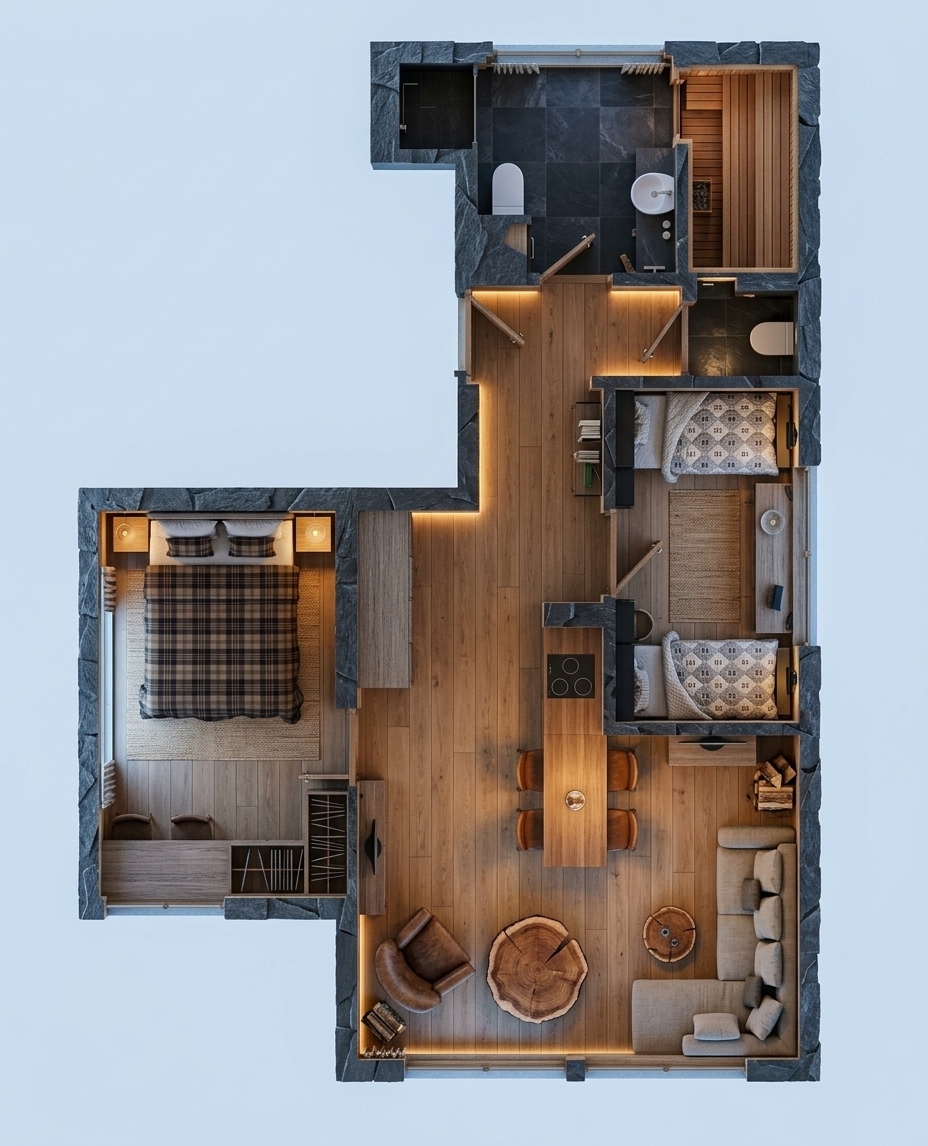 An incredibly lifelike, richly detailed, photorealistic top-down floorplan photograph of a luxury mountain escape apartment set in a cozy alpine environment. The scene is illuminated by warm, ambient interior lighting mixed with gentle daylight, creating a serene, inviting atmosphere. Captured with a high-resolution overhead camera with a crisp macro-level focus, emphasizing the smooth grain of the wood flooring, rough charcoal slate exterior walls, and polished stone surfaces. Smooth, uniform oak wood planks flow continuously in a single parallel direction across all rooms, unifying the spacious open-plan layout. The cozy living room features a sleek sectional sofa paired with a small live-edge wooden side table beside an upholstered armchair, opening up the central floor area. The master bedroom incorporates a built-in home office desk extending into a single streamlined wardrobe along the windowed wall. In the children's bedrooms, minimalist matte-black shelves mount above the beds, and outward-swinging doors lead out into the main corridor, matching the outward-opening doors of the nearby private sauna bathroom and separate WC.
