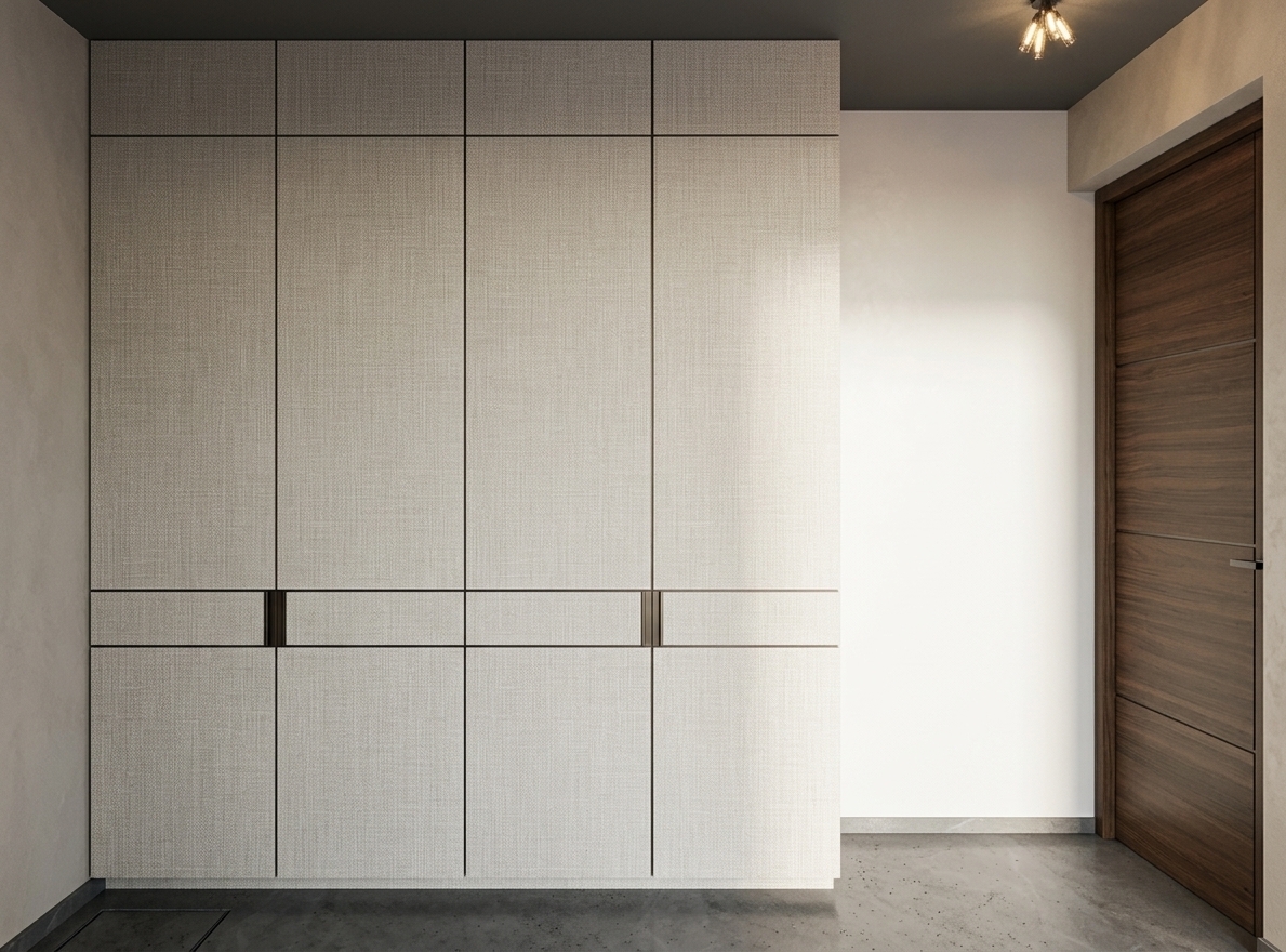 The photo presents a minimalist yet textural interior space, likely a bedroom, imbued with the potential for a serene, bohemian oasis ambiance. On the left, a grand, floor-to-ceiling wardrobe dominates the wall, featuring multiple large panels clad in a soft, light beige or greige textured material, possibly a finely woven fabric or textile-inspired laminate, which displays a subtle cross-hatch pattern, adding tactile depth and a natural, calming visual to the expansive surface. The panels are neatly delineated by thin, dark linear frames, creating a balanced grid-like pattern that emphasizes verticality and clean lines, with two subtle, vertically oriented handles in a darker, metallic tone recessed into the central panels, providing a functional break in the otherwise seamless facade. The wardrobe stands on a barely visible, dark recessed plinth, suggesting a floating effect above the dark gray, subtly textured floor, possibly polished concrete or large-format stone tiles, which extends into the foreground. To the right, a rich, dark brown wooden door stands slightly ajar, revealing a brilliant white light source or an unrendered bright space beyond, implying an inviting entrance to another part of the home. The door itself is modern, with subtle horizontal grooves or paneling, and a sleek, dark handle. Its warm, deep wood tone, framed by a lighter natural wood jamb, contrasts beautifully with the pale wardrobe and the surrounding dark gray wall, adding an earthy, grounding element. Above, a stylized, abstract ceiling light fixture sketch hints at modern illumination. The overall composition focuses on the interplay of texture, muted colors, and clean lines, creating an uncluttered and tranquil environment, offering a solid foundation for a sophisticated yet comfortable bedroom retreat.