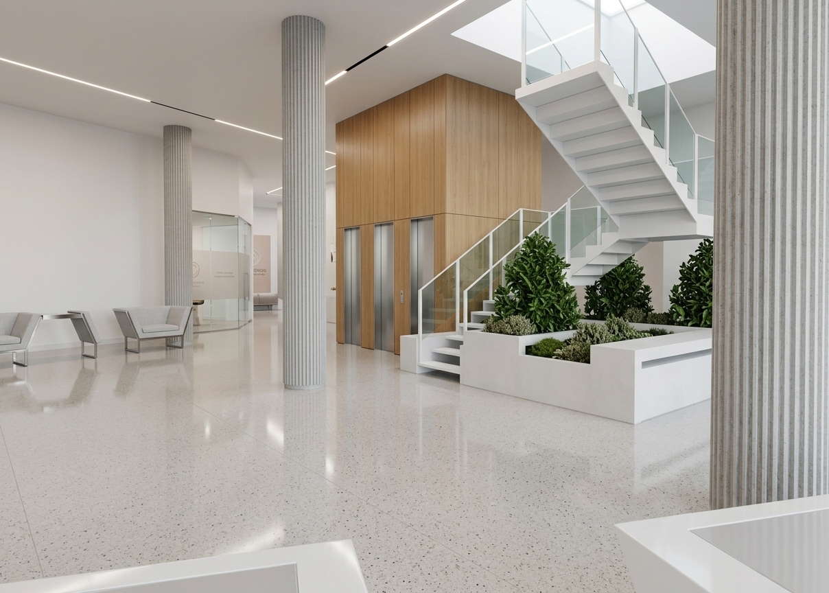 An incredibly lifelike, richly detailed, photorealistic eye-level wide-angle interior architectural photograph of a modern open-plan main lobby set in a specialized gynecology clinic. The scene is illuminated by soft, diffused daylight coupled with sleek recessed linear LED ceiling tracks, creating a serene, welcoming, and reassuring healing atmosphere. Captured with a professional wide-angle camera, emphasizing the elegant contrast between tall fluted light grey concrete columns, high-gloss seamless terrazzo flooring with delicate soft reflections, and a central architectural core clad in warm oak wood paneling that houses three polished brushed steel elevators. To the right, a crisp white steel floating staircase with clear glass balustrades elegantly frame integrated white concrete planters filled with dense, vibrant green foliage, adding a soothing biophilic touch to the tranquil healthcare interior.