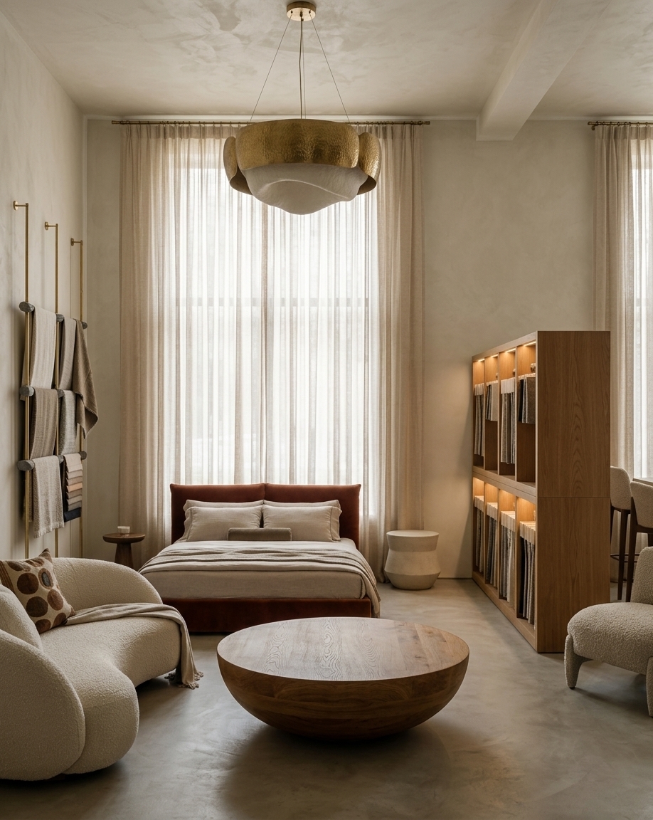An incredibly lifelike, richly detailed, photorealistic interior photo of an upscale furniture showroom bedroom suite set in a serene, Moroccan mystique-inspired sanctuary. The scene is illuminated by soft daylight filtering through sheer beige floor-to-ceiling drapes alongside warm, integrated LED strip lights, creating an inviting, exotic, and luxurious atmosphere. Captured with a professional medium-format camera and 35mm lens, emphasizing tactile textures like raw lime-wash plaster walls, nubby bouclé upholstery, grain-rich oak, and matte microcement flooring. Suspended from the high plaster ceiling, a grand, volumetric chandelier crafted from perforated hammered brass and sculpted organic plaster casts delicate, mysterious shadows across the room. On the left wall, an innovative, unconventional fabric sample storage system takes center stage, featuring vertical brushed-brass tension rods with floating magnetic stone mounts that display draped textile swatches like curated fine art. In the foreground, an elegant, curved off-white bouclé sofa with mustard-yellow and olive-green accent pillows anchors a massive, hemispherical solid wood coffee table. In the background, a plush platform bed with a deep rust-velvet headboard rests beneath a high window framed by sweeping floor-to-ceiling curtains, while a tall, back-lit oak display cabinet on the right gracefully organizes additional fabric selections, highlighting the room's high-end, tactile design approach.