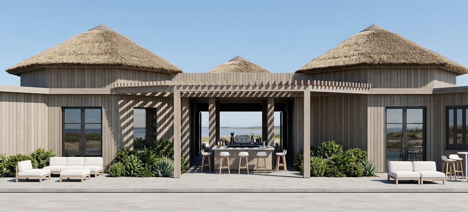 An incredibly lifelike, richly detailed, photorealistic wide architectural elevation shot of a Scandinavian sanctuary-style resort restaurant set in a serene summer coastal environment. The scene is illuminated by brilliant, direct midday summer sunlight, creating a crisp, inviting, and tranquil atmosphere. Captured with a professional 50mm tilt-shift architectural lens, emphasizing the tactile grain of the vertical greige oak wood cladding, natural dry-thatch conical roofs, and sharp dark steel-framed glass openings. The symmetrical building layout features a central open-air lounge and bar area beneath a refined timber pergola, flanked by modern glass double doors with sleek steel frames that catch subtle reflections. Nestled along the base, lush green shrubbery in integrated planters contrasts elegantly against the warm greige oak walls and smooth, light-gray stone paving, complete with chic white low-profile outdoor seating that accentuates the luxury Scandinavian aesthetic.