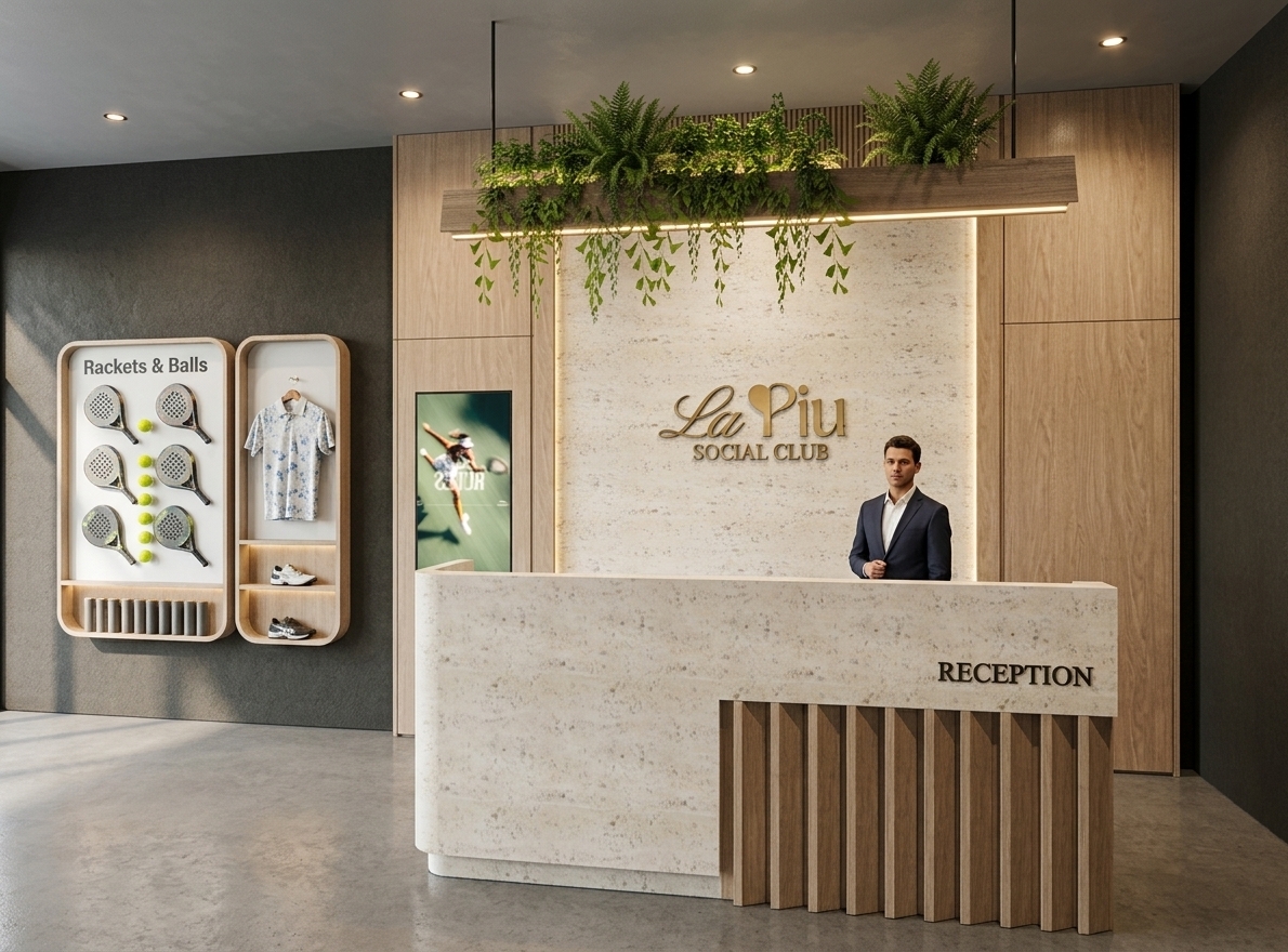 The photo captures a serene hotel lobby, embodying a modern Scandinavian sanctuary aesthetic with its clean lines, natural materials, and lush greenery. Dominating the foreground is a contemporary reception desk, crafted from a light, speckled stone-like material, which flows seamlessly into a subtly curved edge on the left, while its front facade features striking vertical fluted timber panels that add texture and warmth. Above the desk, an elegant 'La Piu Social Club' logo is rendered in a metallic gold finish against a continuation of the stone-textured wall, framed by a larger backdrop of light-toned wood paneling. Integrated into this wooden structure is a linear planter from which vibrant green foliage cascades downwards, while other plants stand tall, creating a refreshing "green wall" effect that enhances the natural, calming atmosphere. To the left, a pair of vertically oriented, capsule-shaped display units with rounded edges are recessed into a textured green-grey wall; one unit neatly showcases several padel racquets and balls, labeled "Rackets & Balls," while the other presents a casual patterned t-shirt on a hanger and two pairs of athletic shoes on lower shelves, suggesting amenities for active guests. A discreet digital screen, integrated into the wood paneling to the right of the displays, shows an action shot of a tennis player, subtly reinforcing the "social club" theme. The overall composition balances functionality with natural beauty, implying a welcoming and sophisticated space where guests can check in and prepare for leisure or activity, all under the soft, implied ambient light suggested by the ceiling-mounted elements.