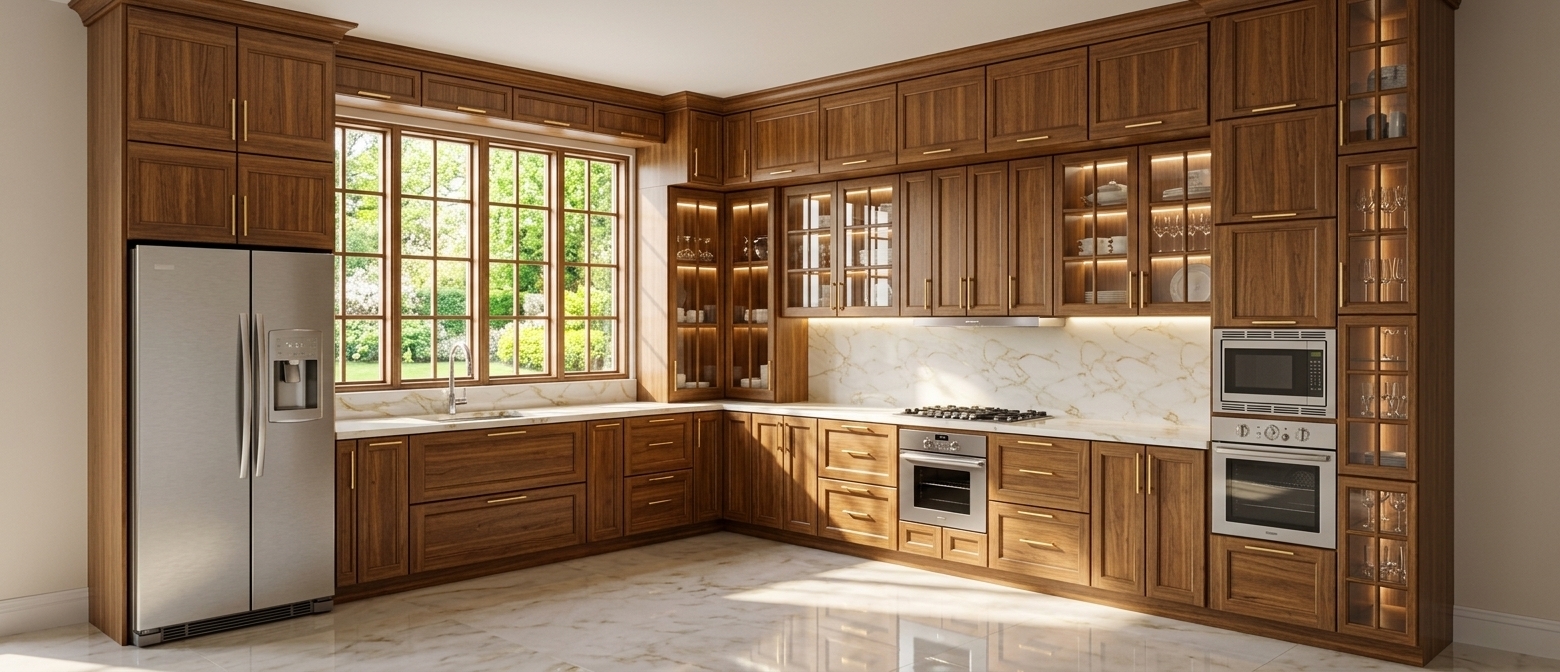 An incredibly lifelike, richly detailed, photorealistic wide-angle interior photo of an expansive colonial classic kitchen set in a high-end estate. The scene is illuminated by brilliant midday spring sunlight streaming through a expansive four-panel window alongside warm, concealed under-cabinet and interior glass cabinet lighting, creating an inviting, opulent, and refined atmosphere. Captured with a professional 24mm tilt-shift lens, emphasizing the deep texture of natural wood grain, pristine glass reflections, and gleaming metallic accents. 

Adhering precisely to the architectural layout, the rich honey-walnut shaker cabinetry stretches seamlessly across the L-shaped space, accented on every door and drawer with elegant brushed gold handles that catch subtle specular highlights. Upper glass-mullioned cabinets radiate with soft built-in warm lighting, perfectly showcasing meticulously arranged fine china, crystal stemware, and luxury tableware. The expansive countertops and full-height backsplash feature premium Calacatta gold marble with delicate, fluid golden veining across a silky white stone base. At the center, a dark-framed window reveals a picturesque view of a sun-drenched spring garden with vibrant green foliage, casting soft, realistic geometric shadows across the polished surface. High-end integrated appliances—including a brushed stainless steel side-by-side refrigerator, sleek built-in wall ovens, gas cooktop, and a stylish gooseneck faucet—blend effortlessly into the cabinetry. Below, a pristine, high-gloss floor mirrors the radiant cabinetry, glowing accents, and warm daylight, completing this masterclass in luxurious kitchen design.