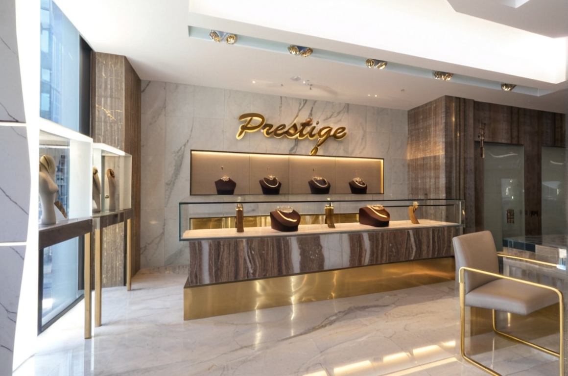 An incredibly lifelike, richly detailed, photorealistic wide-angle interior photo of a luxury jewelry shop interior view set in a modern fusion high-end boutique. The scene is illuminated by warm, recessed ceiling spotlights, soft ambient daylight filtering from large display windows, and subtle LED cove backlighting along the main display wall, creating an opulent, refined, and welcoming atmosphere. Captured with a professional wide-angle 24mm lens, emphasizing the contrast between the polished white marble accent wall with elegant gold veining, textured wood wall panels, sleek brushed brass accents, and pristine glass display cases. At the center of the space, a main service counter wrapped in textured timber and anchored by a metallic gold base displays an array of dark brown jewelry busts showcasing fine necklaces and sculpted hand mannequins for rings. Behind the counter, a backlit recessed shelf highlights additional luxury pieces beneath a dimensional cursive brass logo spelling "Prestige," while polished light grey marble floors reflect the store's sophisticated lighting scheme and minimalist, contemporary furniture.
