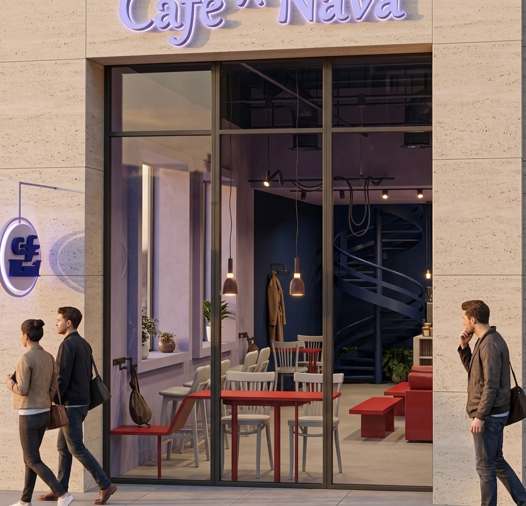 An incredibly lifelike, richly detailed, photorealistic eye-level architectural photograph of a modern fusion coffee shop storefront named "Cafe Nava" set in a vibrant urban neighborhood during a warm summer evening. The scene is illuminated by the gentle golden light of sunset blending seamlessly with warm interior luminescence, creating a sophisticated and inviting atmosphere. Captured with a full-frame camera and a 35mm architectural tilt-shift lens, emphasizing the fine porous texture of the light beige travertine limestone facade and the sleek black metal mullions framing the glass storefront. Above the tall glass vitrine, elegant 3D backlit lettering spelling "Cafe Nava" glows in a refined lavender tone, matched by a wall-mounted circular lavender sign on the left stone wall that radiates soft accent lighting featuring the café's custom emblem. Outside on the smooth stone pavement, two pedestrians stroll by, naturally turning their gaze inward to admire the interior. Through the high-clarity glass, the interior features a bold color palette of deep navy blue feature walls contrasted with soothing lavender plaster alcoves and exposed overhead structural ductwork. Vivid cherry-red modern tables and benches pop dynamically against soft light-grey chairs, while slender hanging pendant lights cast delicate reflections across the glass. In the back, a dramatic navy blue spiral staircase sweeps gracefully toward the upper level, completing a perfectly composed, high-end commercial rendering with rich depth, subtle glass reflections, and realistic post-production quality.