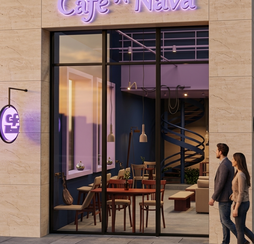 An incredibly lifelike, richly detailed, photorealistic eye-level exterior shot of a modern fusion boutique coffee shop named "Cafe Nava" set in an upscale urban street during a golden summer evening. The scene is illuminated by the warm, low-slung rays of a summer sunset combined with soft, inviting interior ambient glow, creating a cozy, sophisticated, and high-end atmosphere. Captured with a professional 35mm tilt-shift architectural lens, emphasizing the tactile contrast between the matte light beige travertine facade, crisp glass reflections, and vibrant internal color blocking, the building stands out with refined elegance. The exterior wall is clad in smooth, premium light beige travertine stone displaying subtle natural veining. Above the minimalist black-framed glass storefront vitrine, three-dimensional illuminated letter signage in soft lavender spells out "Cafe Nava", casting a gentle purple halo light onto the stone. On the left wall, a circular lavender sign glows brightly with embedded lighting, showcasing the café's signature initials. Looking through the crystal-clear storefront window, the exact interior design is revealed in photorealistic perfection: rich navy blue walls contrast seamlessly with soft lavender architectural niches and upper accent surfaces. Dark red cherry wood tables act as striking focal points in the seating layout, perfectly complemented by light coffee latte-colored dining chairs and plush lounge seating. Sleek pendant lamps hang gracefully from the ceiling grid, while a sweeping navy blue spiral staircase adds dramatic architectural depth toward the back. Outside, two pedestrians walking past turn their heads to gaze into the brightly lit, atmospheric interior, while subtle reflections of the amber sunset sky stretch across the clear glass panes, adding cinematic realism and life to this stunning architectural rendering.