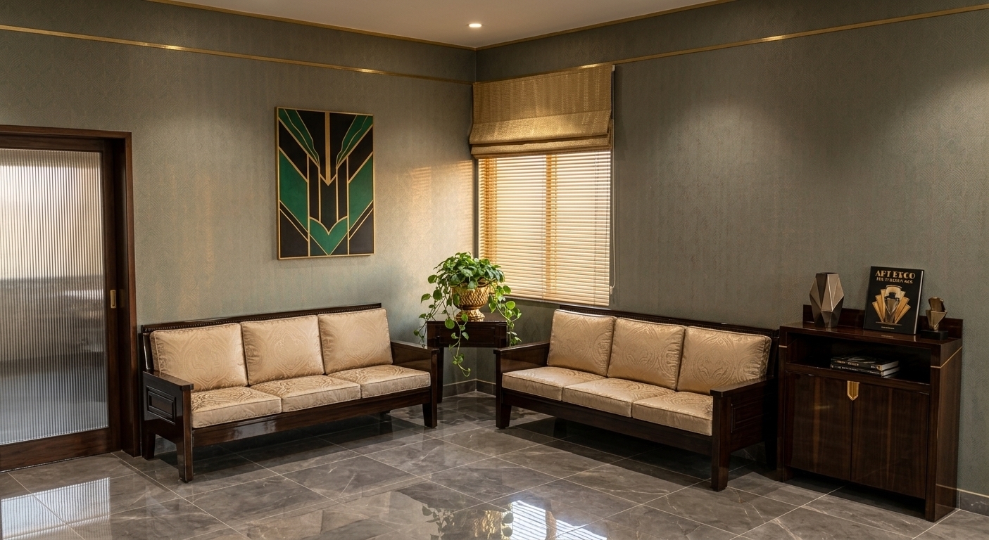 An incredibly lifelike, richly detailed, photorealistic wide-angle interior shot of an opulent living room set in an extravagant Art Deco penthouse. The scene is illuminated by warm, ambient interior lighting and gentle golden accents, creating a glamorous, chic atmosphere. Captured with a professional 35mm architectural lens, emphasizing glossy lacquered wood finishes, polished metallic details, and deep, reflective marble textures. 

The space showcases a bold, symmetrical seating arrangement featuring two streamlined wooden sofas with sumptuous champagne-beige upholstered cushions and geometric carved side panels. Tucked perfectly into the corner sits a sleek lacquered end table topped with a lush indoor plant in an ornamental gilded planter, positioned beneath a golden-hued, structured window shade. On the right, a richly polished dark wood console cabinet displays a stylish photography book and geometric Art Deco decor pieces, while the background walls are embellished with subtle gold trims and dramatic graphic wall art in shades of black and jewel tones. To the left, a fluted glass sliding door framed in dark hardwood completes the room, all resting upon a high-gloss grey marble tiled floor that casts soft, elegant reflections throughout the lavish space.