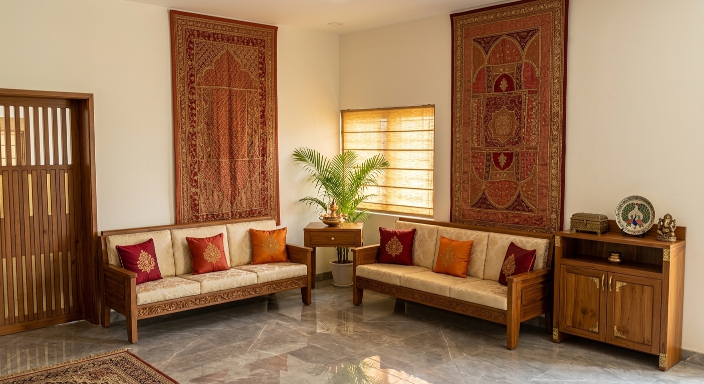 An incredibly lifelike, richly detailed, photorealistic wide-angle interior photo of an opulent living room set in a luxurious contemporary Indian residence. The scene is illuminated by warm, diffused natural sunlight filtering through honey-gold woven blinds complemented by subtle ambient interior glows, creating a vibrant, warm, and spiritually uplifting atmosphere. Captured with a 24mm wide-angle architectural lens, emphasizing intricate hand-carved wood grain, shimmering brass embellishments, and opulent textile textures...

The living room celebrates the spirit of Indian exuberance, featuring two masterfully crafted solid teakwood sofas adorned with detailed floral relief carvings along their sturdy frames, fitted with rich cream-and-gold upholstered seating and vibrant embroidered throw pillows in deep crimson and saffron orange. Framing the pristine walls, magnificent handcrafted Indian textile wall art in shades of rich reds, terracotta, and gold zari embroidery adds magnificent texture and cultural depth. Nestled in the corner, a polished wooden side table displays a handcrafted brass diya urn, while a lush potted indoor palm brings fresh vitality to the corner space. To the right, an ornate wooden sideboard with brass-accented handles serves as a display for handcrafted Indian decor. Below, a glossy grey marble floor with delicate natural veining catches soft, realistic reflections of the room's warm colors and exquisite furnishings, seamlessly combining traditional artistry with modern sophistication.