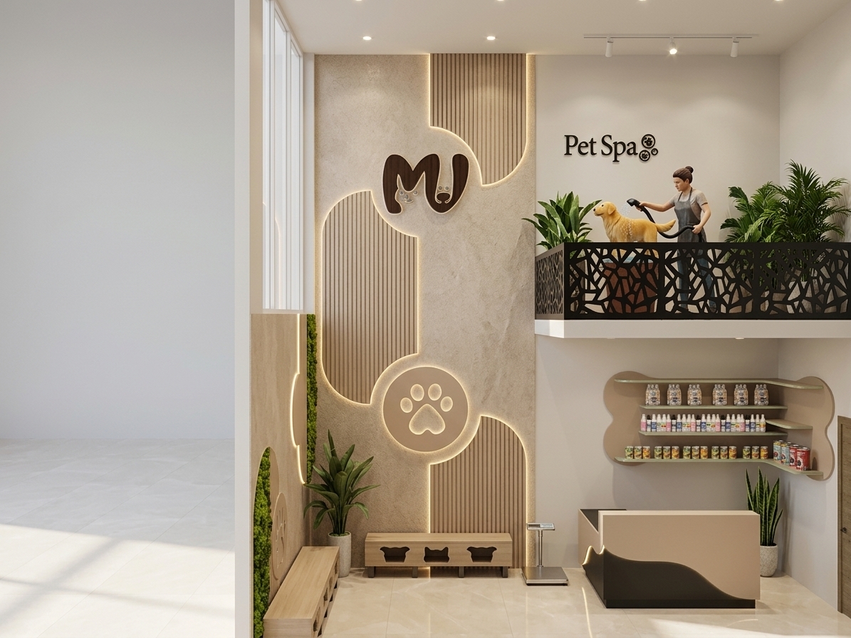 An architectural interior photograph of a modern veterinary clinic reception area, captured from a straight-on eye-level perspective using a professional wide-angle lens with pristine focus. The double-height front wall features a tactile matte quartz stone texture layered with organic fluid-shaped panels of slatted beige wood and smooth plaster, subtly backlit with warm ambient LED cove lighting that casts a soft halo glow around the dark chocolate brown logo and paw symbol. To the right, a custom organic-shaped wall feature houses glass floating shelves neatly arranged with pet care products and small cans, brightened by concealed under-shelf LED strip lighting above a two-tone beige and taupe reception desk with a subtle illuminated base. On the left wall, slatted timber accents blend into a lush green vertical moss wall and a healthy potted tropical plant sitting on polished off-white floor tiles with faint, soft reflections. Low waiting room benches feature clean wood textures with distinct routed animal silhouette cutouts along the lower base. The upper mezzanine level showcases a black laser-cut geometric metal railing, with soft ambient light creating subtle depth, natural micro-textures on painted surfaces, gentle shadows, and a realistic mix of warm architectural interior lighting and diffuse neutral daylight filtering through from the upper left.